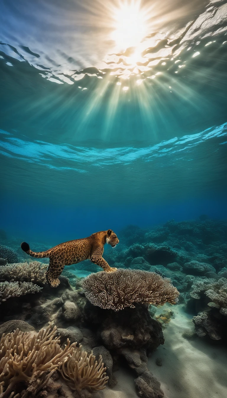 Crie uma imagem do fundo do oceano com um coral atras, and with a small diver swimming towards the sunlight crossing the waters. A imagem deve ser totalmente azul, and should have 2 lions on the sides of the image with an opacity around 25%