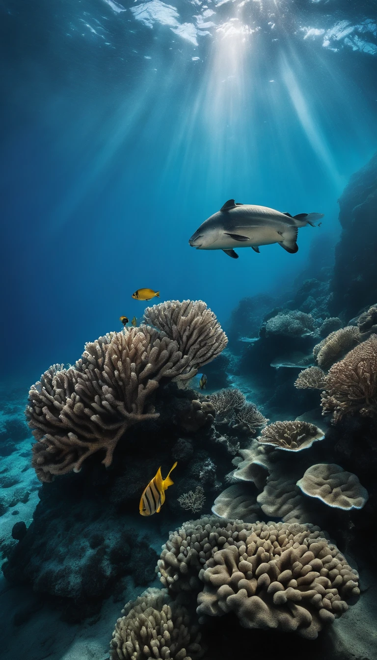 Crie uma imagem do fundo do oceano com um coral atras, and with a small diver swimming towards the sunlight crossing the waters. A imagem deve ser totalmente azul, and should have 2 lions on the sides of the image with an opacity around 25%