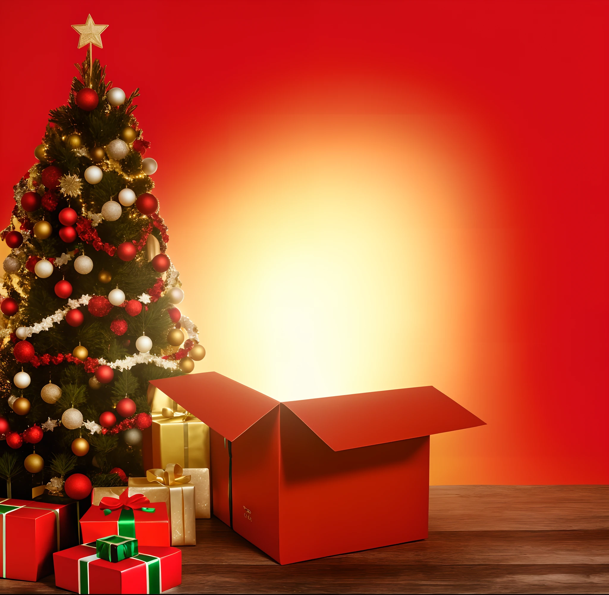 There's a Christmas tree and presents in front of a Christmas tree, holiday season, Apresenta, Christmas tree, iStock, feriado, imagem renderizada, Presentes, Natal, Shutterstock, renderizado, Processado, Santa, photo illustration, imagem detalhada, giving gifts to people, brazi, Clima festivo, Foto de Stock, iStockphoto, muito intenso, um hiper realista
