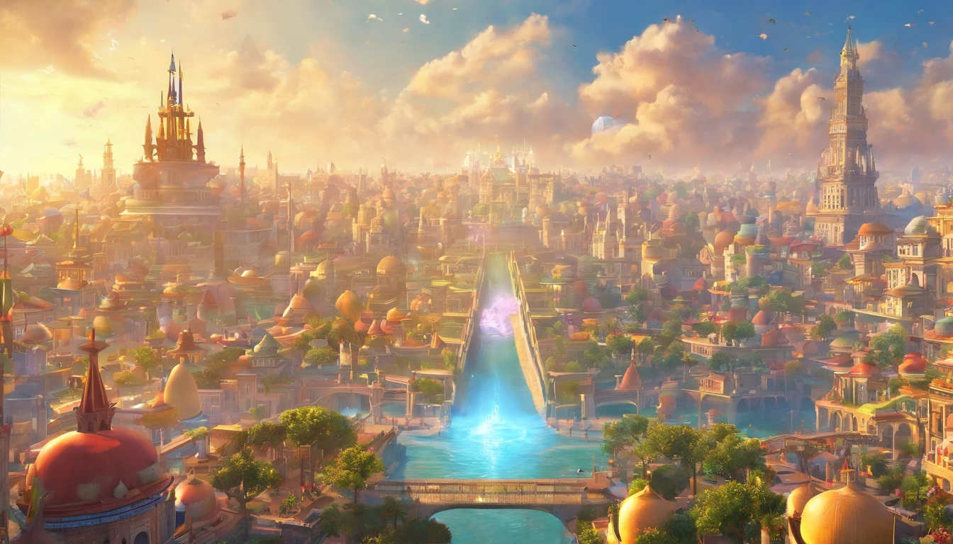 ((City in the sky, city of heaven, the gathering point of the benevolent gods.))Imagine a celestial city that defies all expectations of beauty and happiness. The city should float among the clouds, with ethereal spires and bridges crafted from translucent crystal that catch the sunlight, creating a mesmerizing play of colors.
Point 2: Dive into the details of this heavenly city's architecture. Describe intricate, intricate carvings that tell stories of love, unity, and joy. The streets should be lined with vibrant gardens, and the air filled with the sweet scent of blooming flowers.
Point 3: Populate this city with joyful and contented inhabitants. Picture people of all ages and backgrounds, from different cultures, coming together in harmony. Their faces radiate pure happiness, and their laughter echoes through the streets.
Point 4: Highlight the unique features of this heavenly realm. Perhaps there are flying chariots that transport people effortlessly through the city, or fountains that dispense liquid sunshine instead of water. Get creative with the magical elements that make this city so extraordinary.
Point 5: Render this artwork with photorealistic precision. Every detail, from the sparkle in the eyes of the inhabitants to the reflection of the city's splendor in a crystal-clear lake, should be depicted with the utmost realism.
Super Prompt: Develop a narrative within this heavenly city. What is the source of this profound happiness? Is there a central event or tradition that unites its inhabitants in joy? Explore the emotional depth and meaning behind the city's unparalleled beauty and bliss.