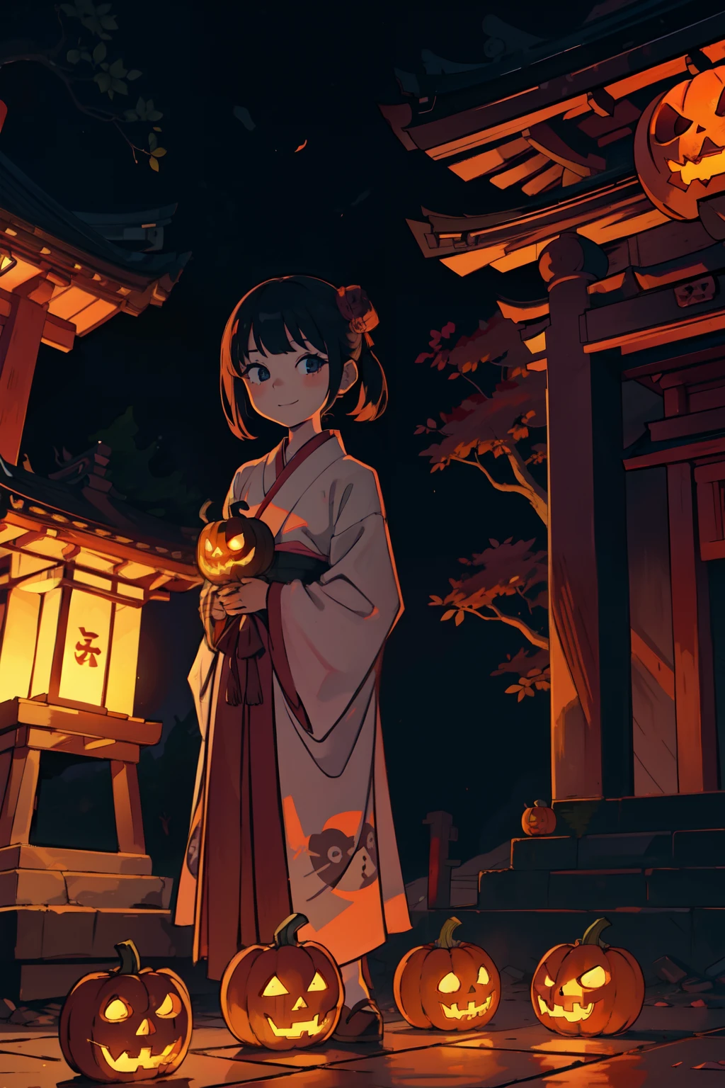 (masterpiece), best quality, expressive eyes, perfect face, An Ichimatsu doll smiling fearlessly and holding a jack-o-lantern in front of a Japanese temple that looks like a crumbling ruin, an Ichimatsu doll that is eerily illuminated from below by the light of a jack-o-lantern, and a Japanese temple. Skulls lit with Japanese candles are scattered on the grounds and floor of the japanese-temple, and the square in front of the japanese-temple has not been maintained and is overgrown with grass.,