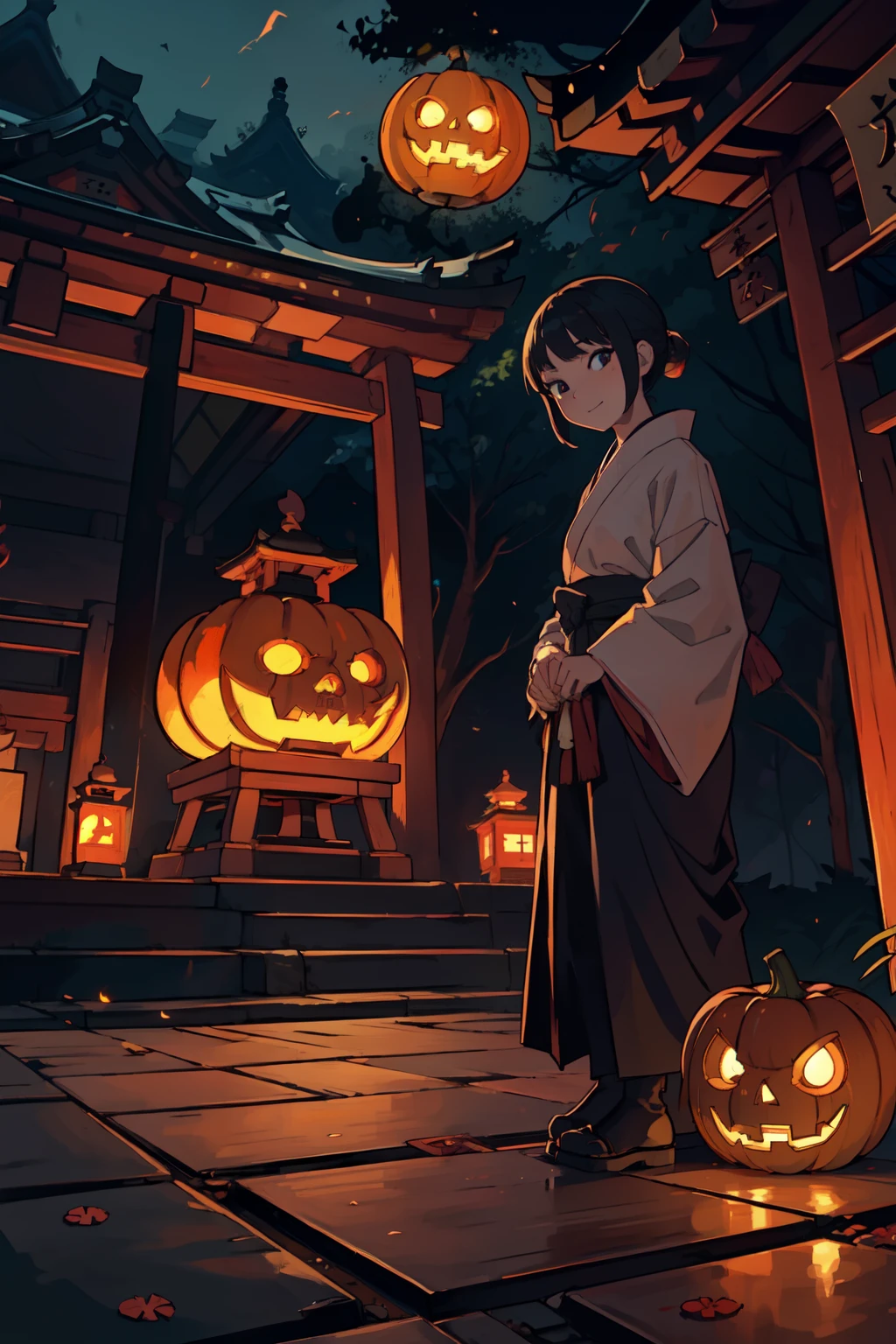 (masterpiece), best quality, expressive eyes, perfect face, An Ichimatsu doll smiling fearlessly and holding a jack-o-lantern in front of a Japanese temple that looks like a crumbling ruin, an Ichimatsu doll that is eerily illuminated from below by the light of a jack-o-lantern, and a Japanese temple. Skulls lit with Japanese candles are scattered on the grounds and floor of the japanese-temple, and the square in front of the japanese-temple has not been maintained and is overgrown with grass.,