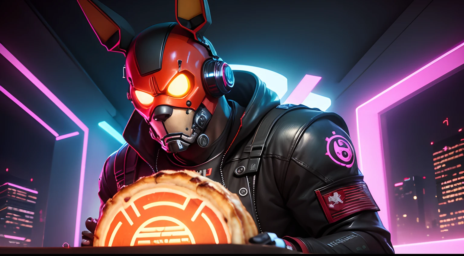 Pizzaria hi-tech cyberpunk style com cyber Fazbear Corp na logo