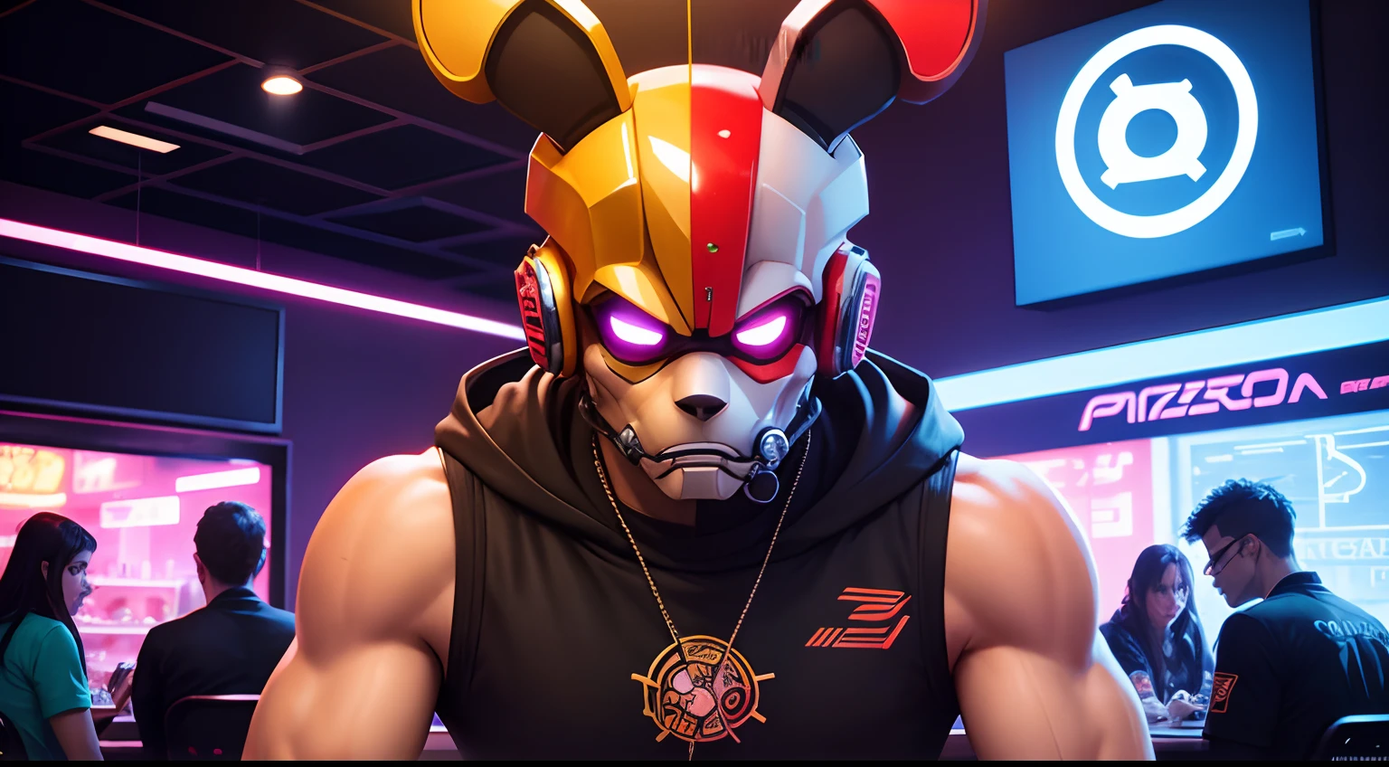 Pizzaria hi-tech cyberpunk style com cyber Fazbear Corp na logo