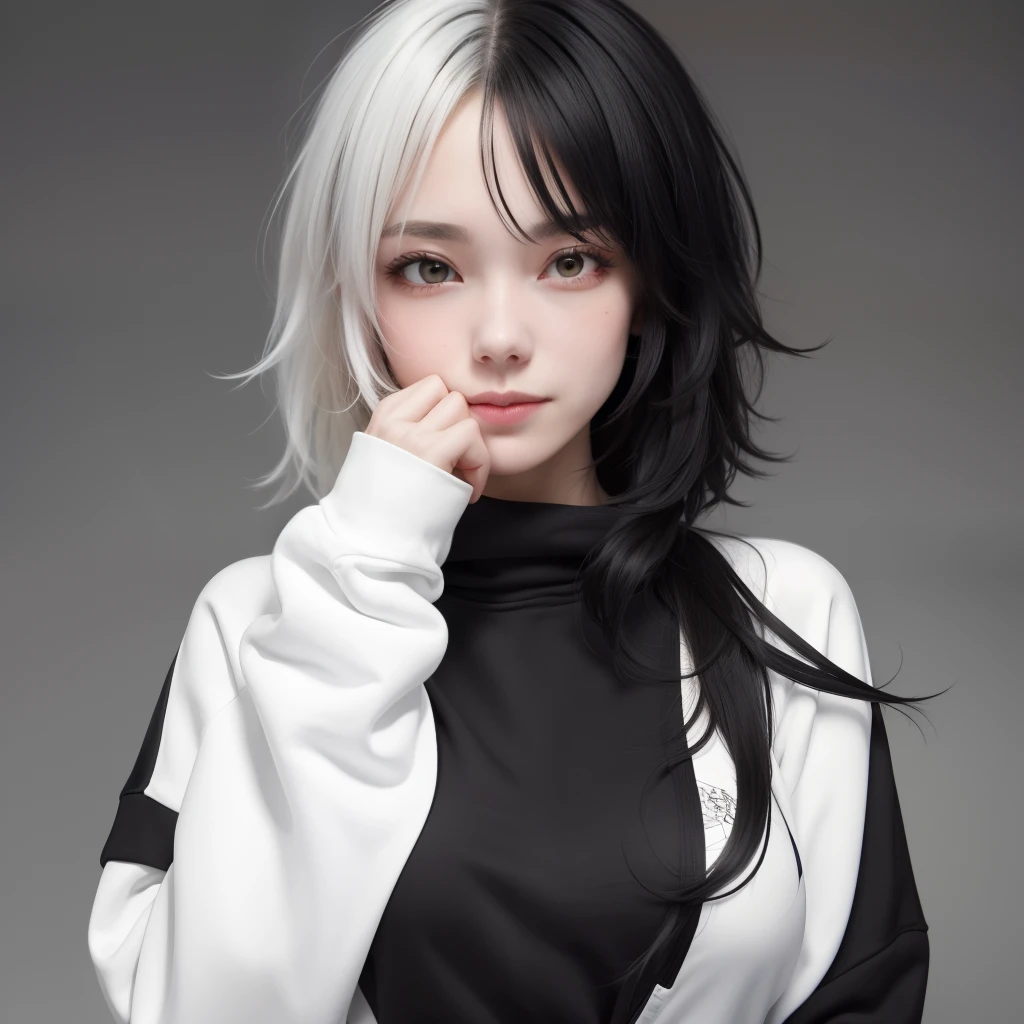 masterpiece, best quality, highly detailed,1girl, solid color sweatshirt, covering mouth with hand, emo hairstyle, shy smile, messy hair, big breasts, adult, split-color hair, black and white hair