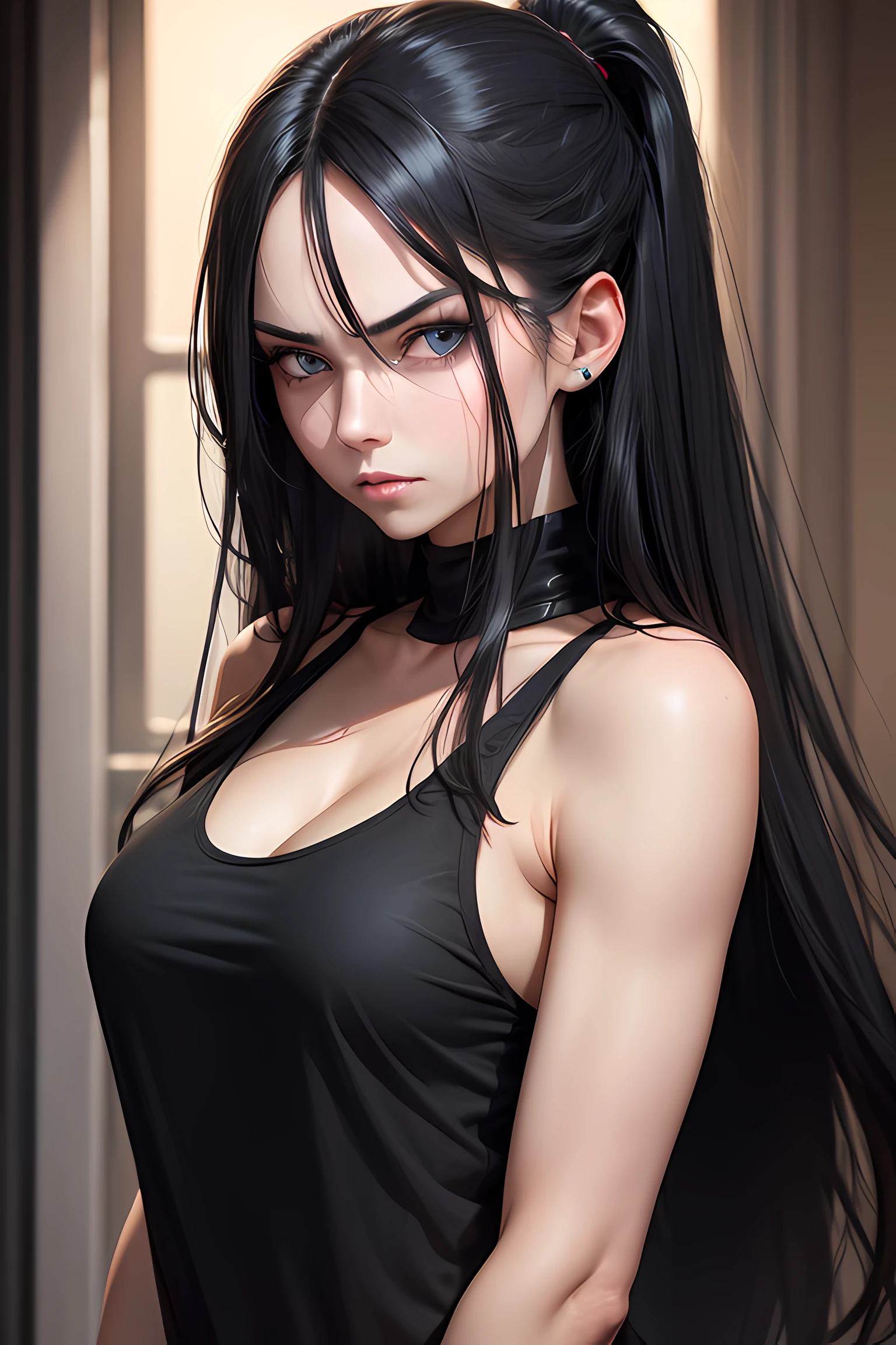 (woman with long black hair, dark blue eyes) (serious expression.) (black tank top) (trained)