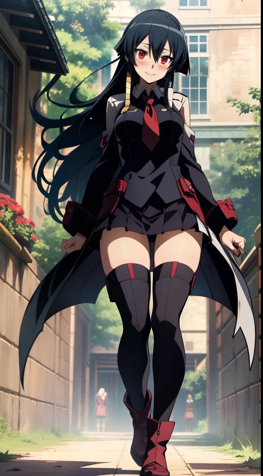 Akame (akame ga kill), full body, standing on one leg, the leg that does not touch the ground is bent towards the butt, hands with fingers interlocked and palms facing downwards, beautiful smile, blushing
