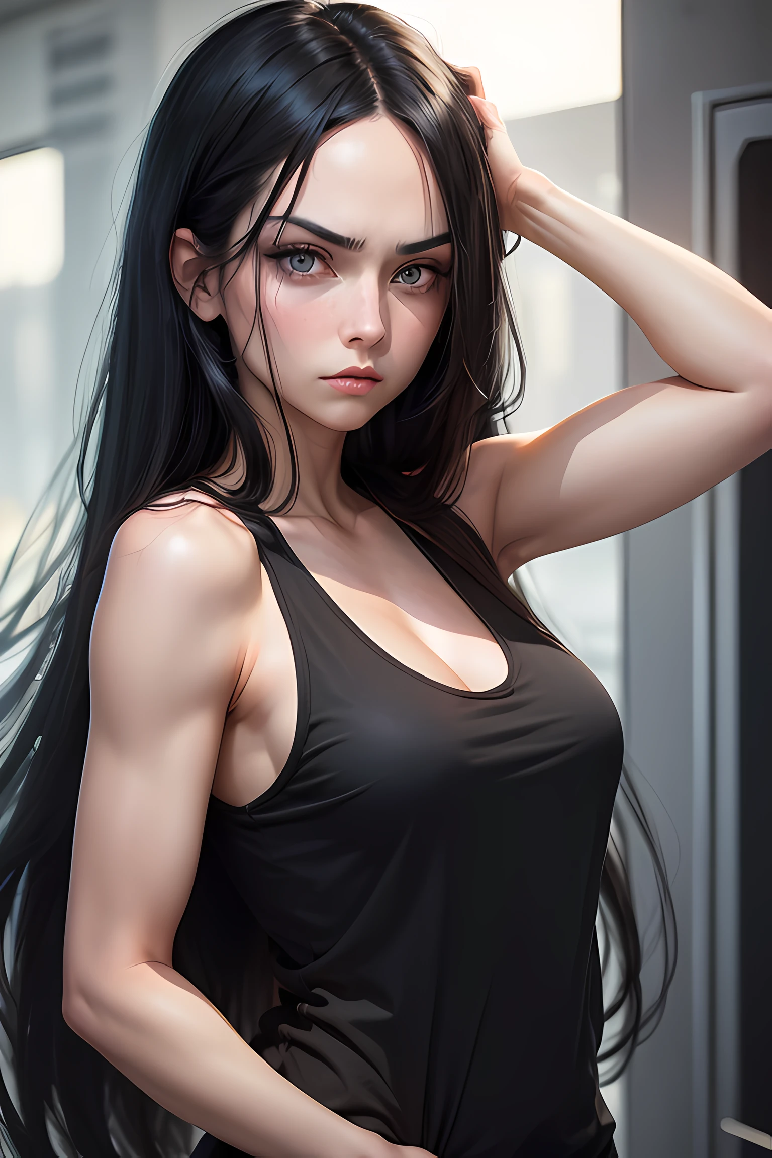 Amazing portrait of a sexy woman wearing her long straight luscious black hair, seductively gazing and smiling, soft lips, parted, blushing intensely, smiling, black crop top, black baggy pants, leopard print shrug, medium chest, cleavage, perfect body