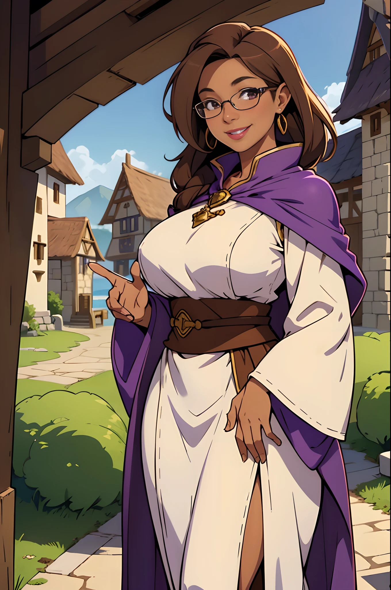 Solo, female, standing, looking at viewer, tan skin, fantasy village, linen tunic, purple cloak, lipstick, big breasts, smiling, cleric, hands behind back, mature female, glasses, brown hair