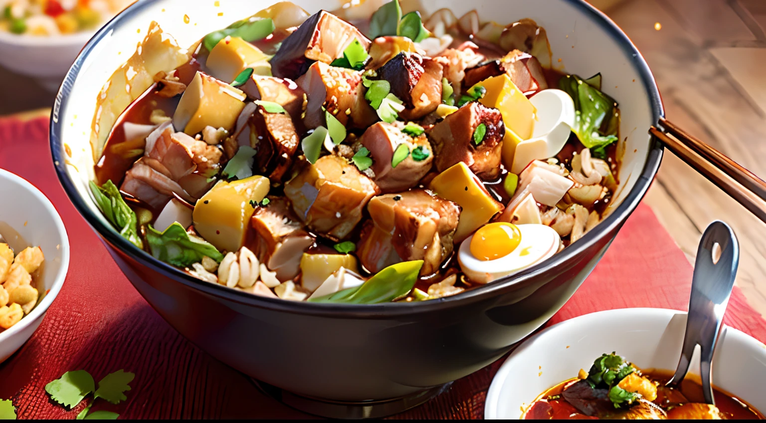 (A bowl of golden egg fried rice,yellow gold,Guangdong Roast Pork:1.4,greens, Beijing roast duck:1.3,Goulash stew:1.2,The colors are bright and tempting to the appetite，Delicate plating，The taste is fragrant,Folk snacks)，Plus the method of production