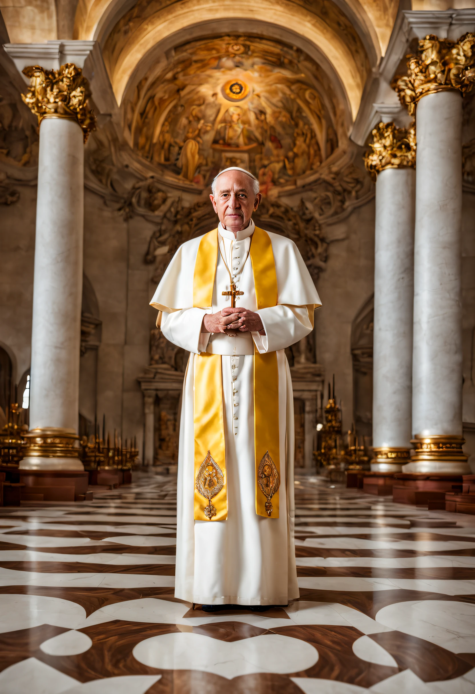 alta qualidade, Realistic portrait, Papa Martinho I, olhos e rosto detalhados, Mitra Papal na cabeca, standingn, Catholic Church, vitrais, luz de velas piscando, Religious symbols, Tall Marble Columns, altar ornamentado, Atmosfera santa, cores vibrantes, soft lighting, majestic presence