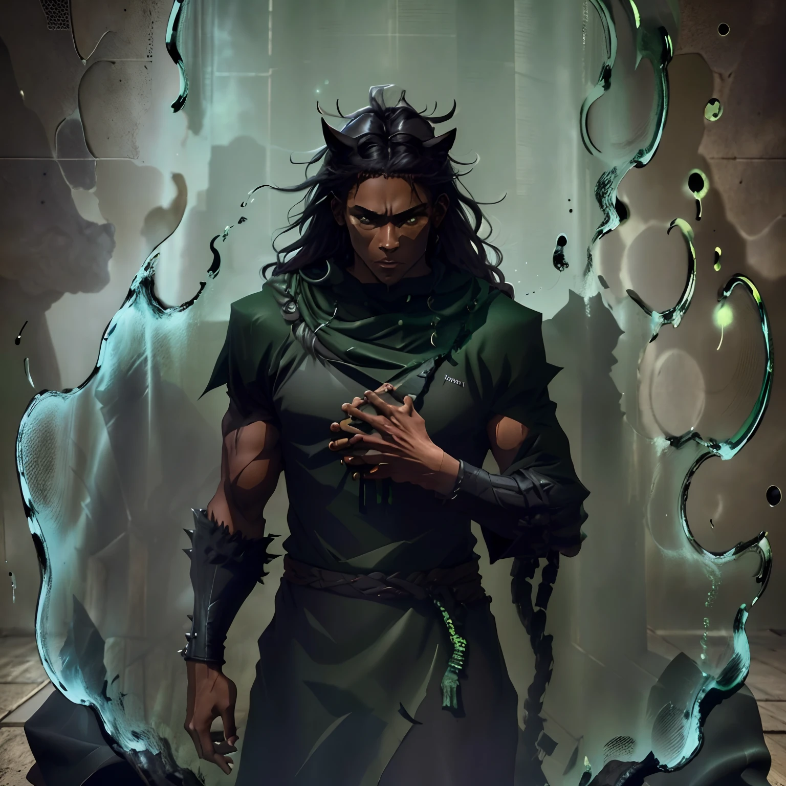 (Black spikey long hair), (dark skinned male),  (cat ears), (green eyes), (black robes), (long hair), (spikey hair)