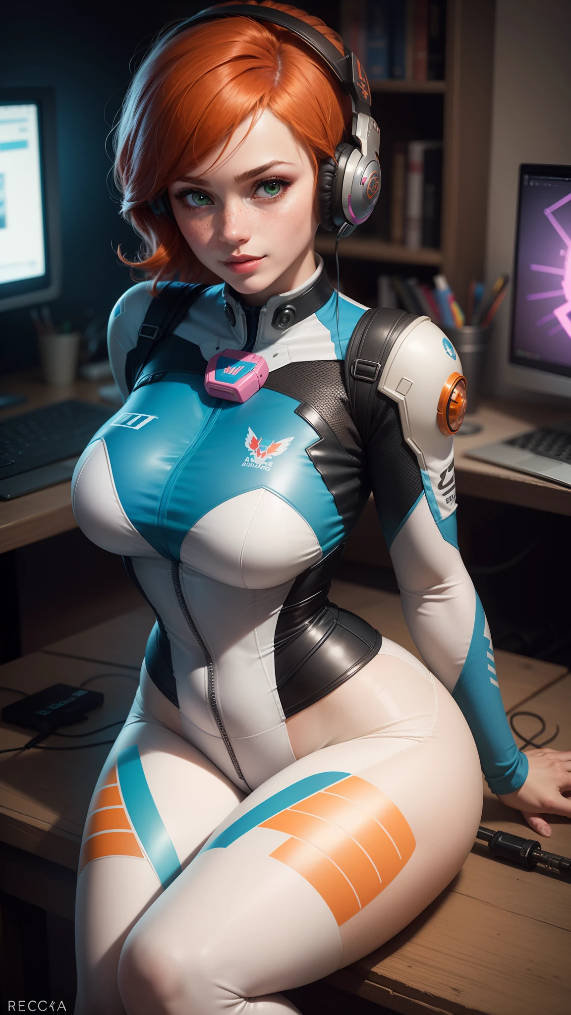 gwen tennyson,1girl,tracer,d.va,rebecca chambers,overwatch,gundam,close up,mecha pilot,game room,neon lights,white and rose plugsuit,hair pin,pirate corset,white long sleeve lycra top,orange leggings,short hair,cute makeup,green eyes,orange hair with highlights,shy smile,freckles, redhead,beautiful girl,large breasts,ultra detailed,realistic,fantasy art,cat gaming headset,pilot jacket,sitting,