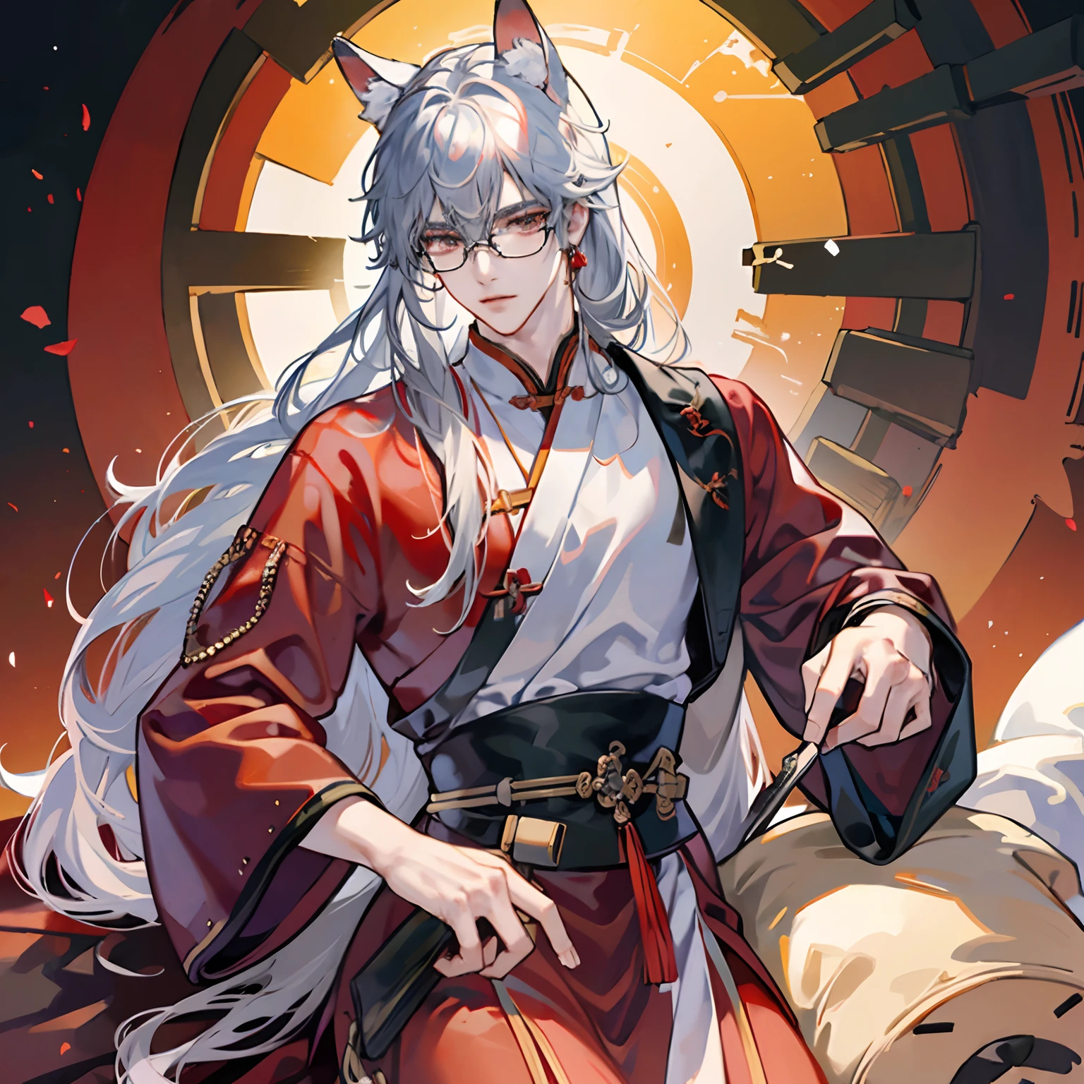 tmasterpiece，Need，A man，China-style，Chinese Ancient Times，Silverhair，dishiveredhair，long whitr hair，with long bangs，Handsome，virile，gentleness，large tall，A tranquil，Red robe，exteriors，cloaks，High hills，nevando， Young men，Quaint，tmasterpiece，Need，Leprechaun，red fox，Animal ears，Handsome guy，Silver，Long hair，Hair is scattered，Dark Hanfu，There are glasses on the face，Cool handsome