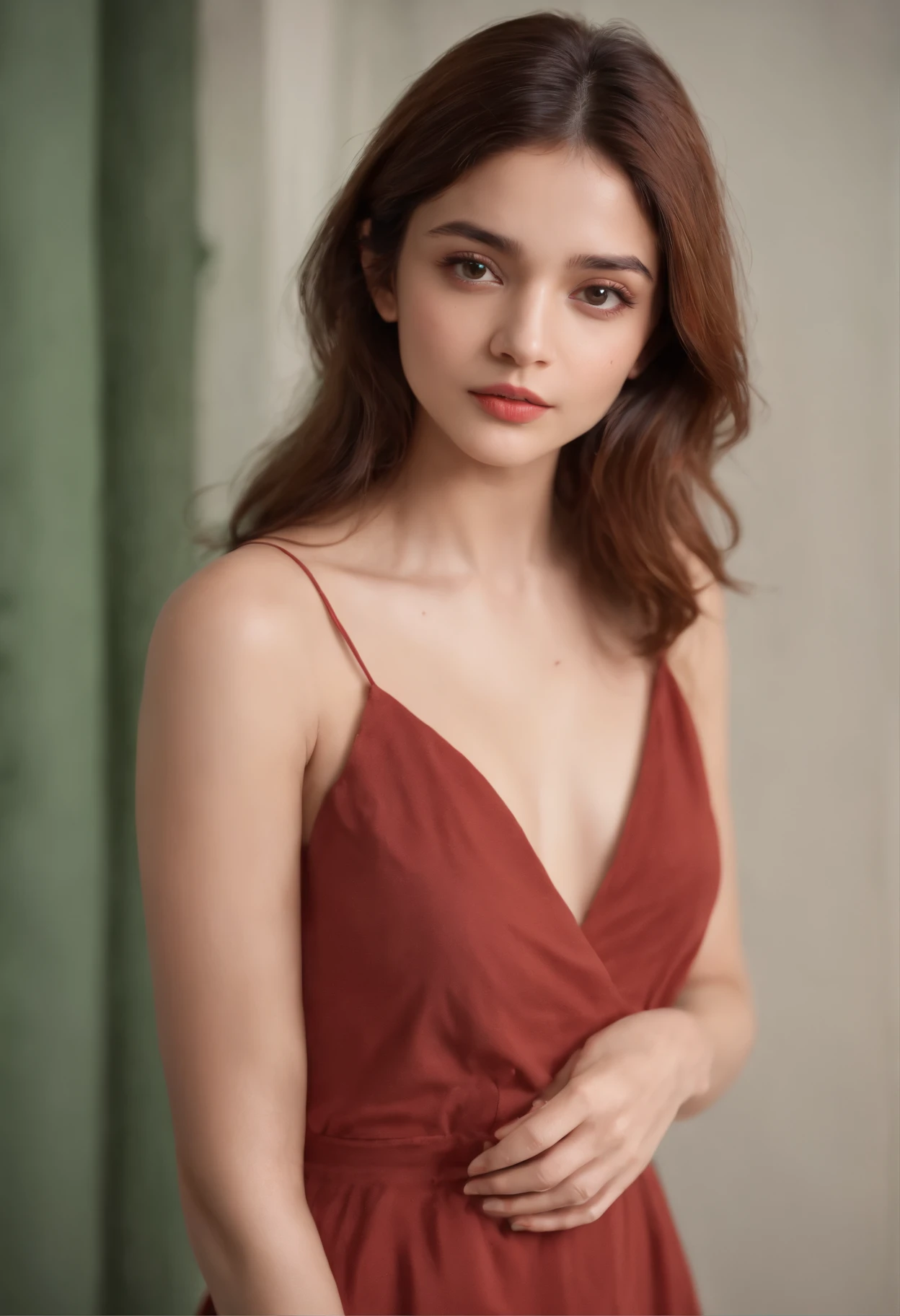(((a deep reddish wound crosses her left cheek))) full body shot, fair complexion, woman around 19 years old, name Alia Bhatt, natural ginger hair, messy hair, distinctive green eyes, wearing summer dress, no bra, slender and graceful, beautiful, slightly sexually aroused, seductive pose, medium breasts, candlelight in a '60s setting, ultra sharp focus, realistic shot, tetradic colors (scar:1.4)