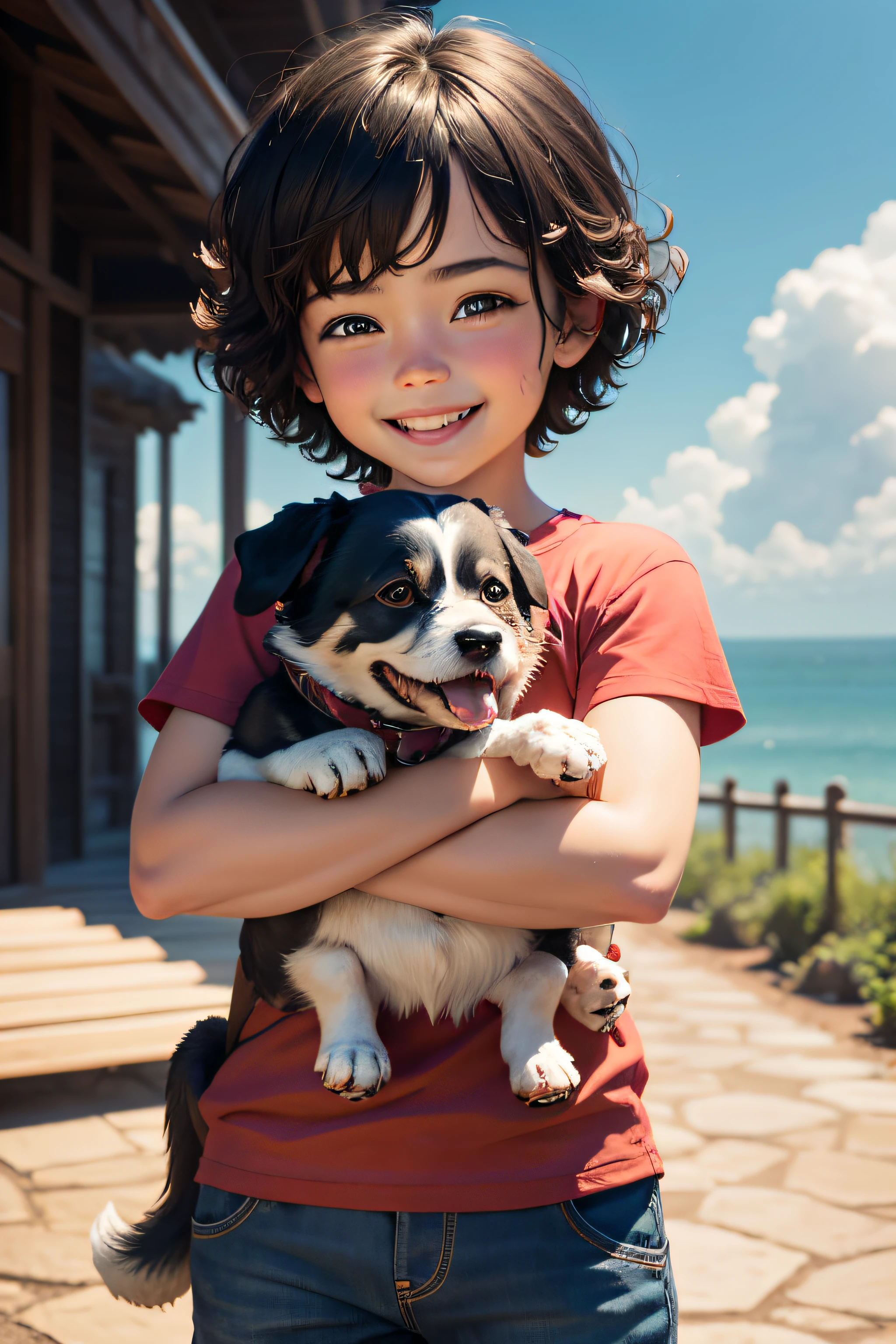 HAPPY CHILD, SHORT HAIR, WITH HIS DOG ON HIS ARM, DISNEY, 8K, HIGH DEFINITION