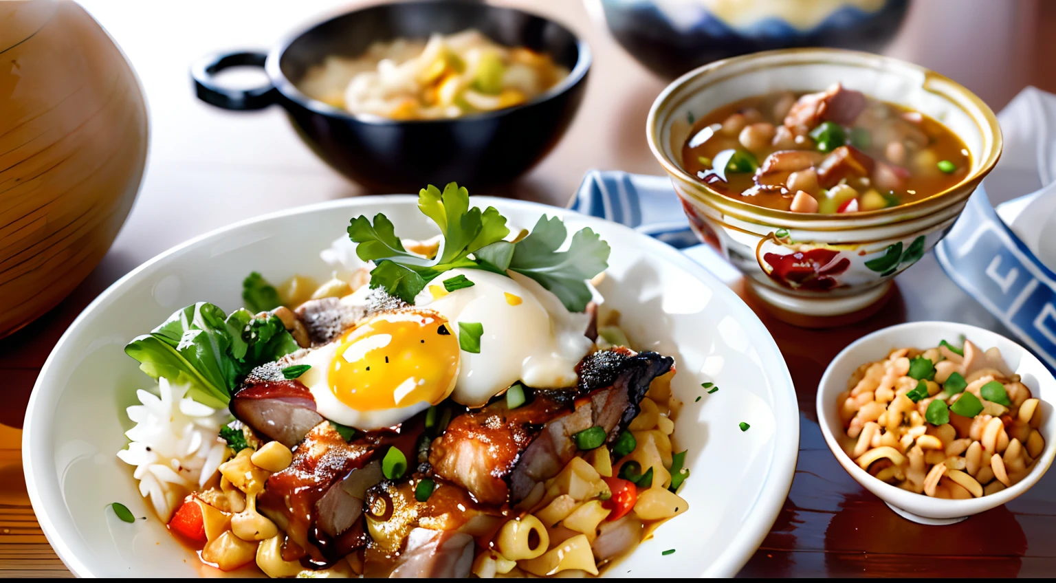 (A bowl of golden egg fried rice,yellow gold,Guangdong Roast Pork:1.4,greens, Beijing roast duck:1.3,Goulash stew:1.2,The colors are bright and tempting to the appetite，Delicate plating，The taste is fragrant,Folk snacks)，Plus the method of production