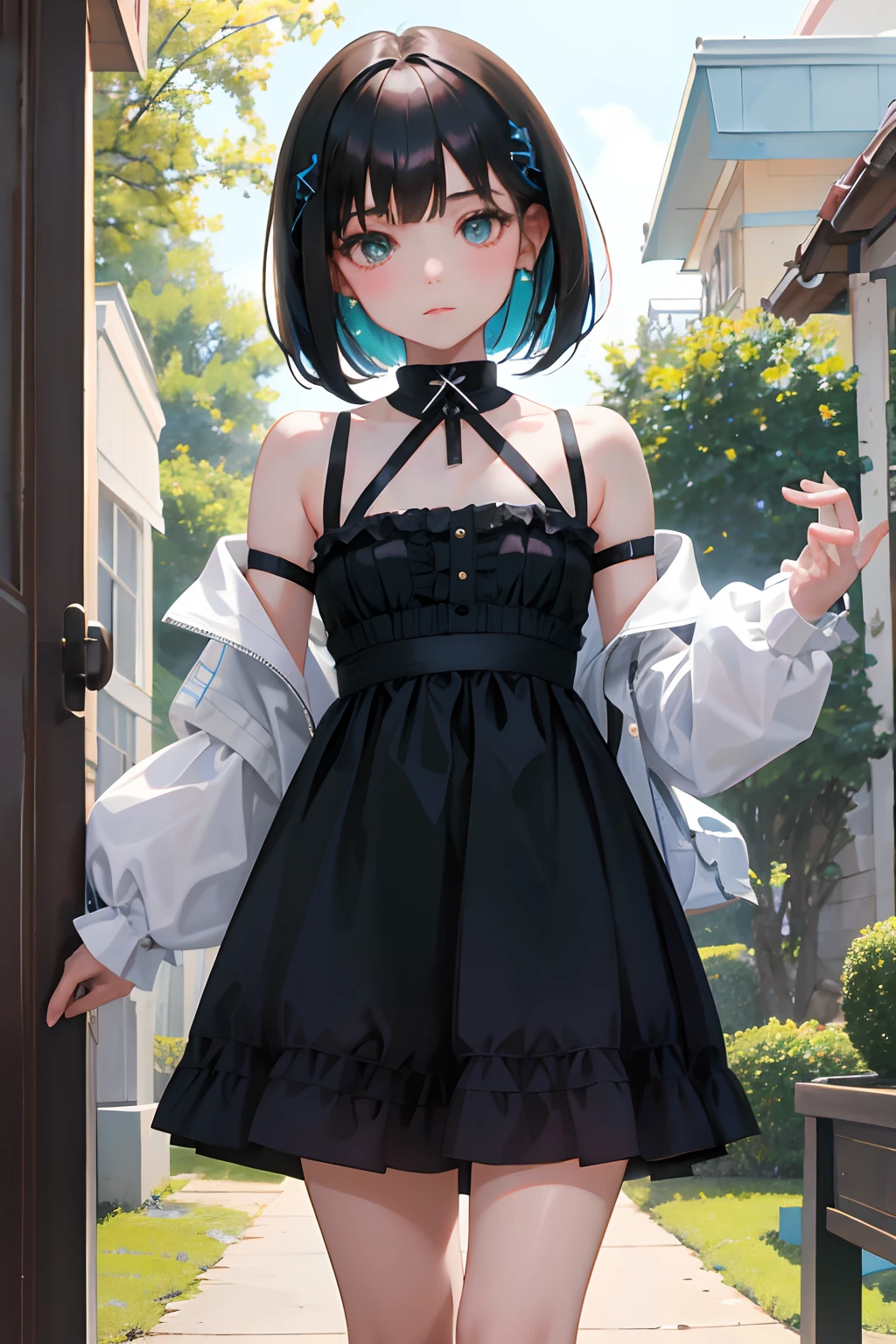 (masterpiece,Highest Quality),(child),a miniskirt,Turquoise Lolita Clothing,(A dark-haired,Medium bob),embarrassed from,Delicate body,petite body,Shoulder