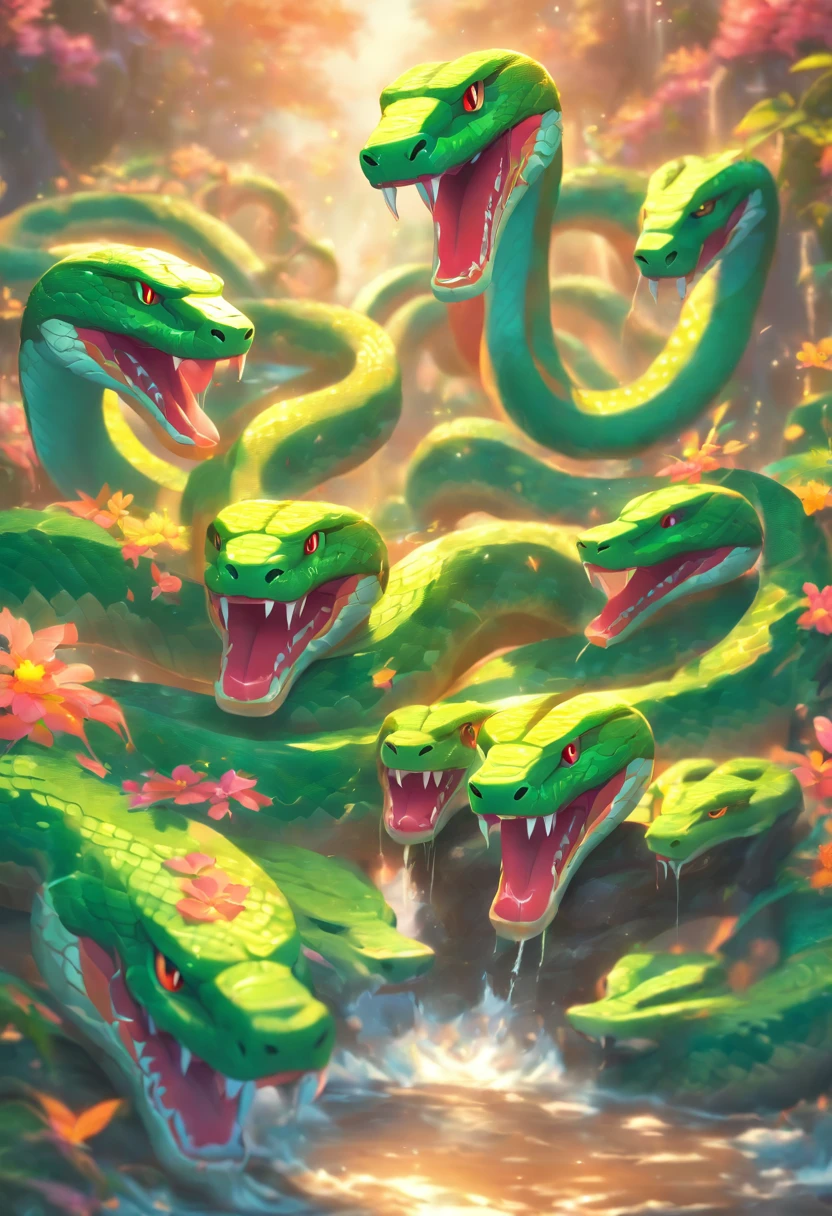 (((Naja snake))) best quality, ultra-high resolution, 4K detailed CG, masterpiece, ,serpent,multiple heads,coming out of the river,river, stream, Hindu mythology, ((coming out of the river) ) Image Hindu, aesthetic, beautiful, screen-centered