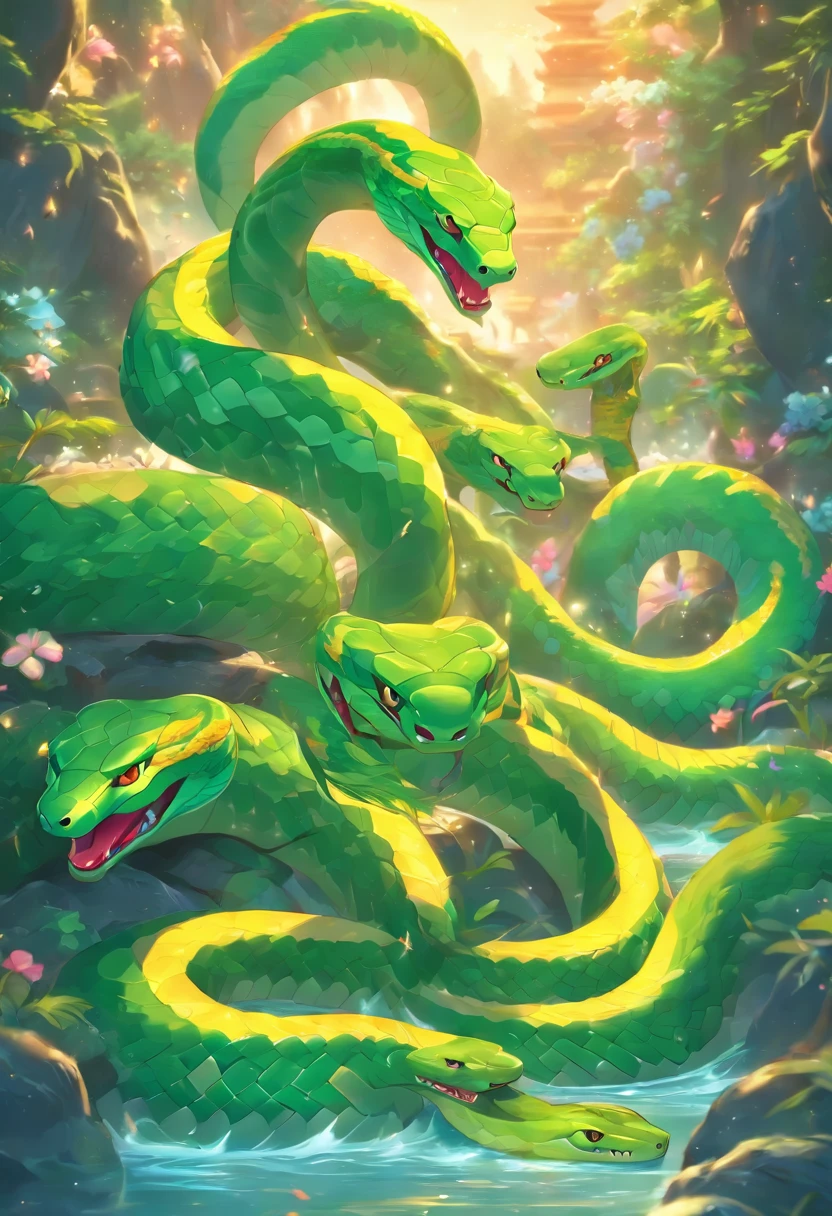 (((Naja snake))) best quality, ultra-high resolution, 4K detailed CG, masterpiece, ,serpent,multiple heads,coming out of the river,river, stream, Hindu mythology, ((coming out of the river) ) Image Hindu, aesthetic, beautiful, screen-centered