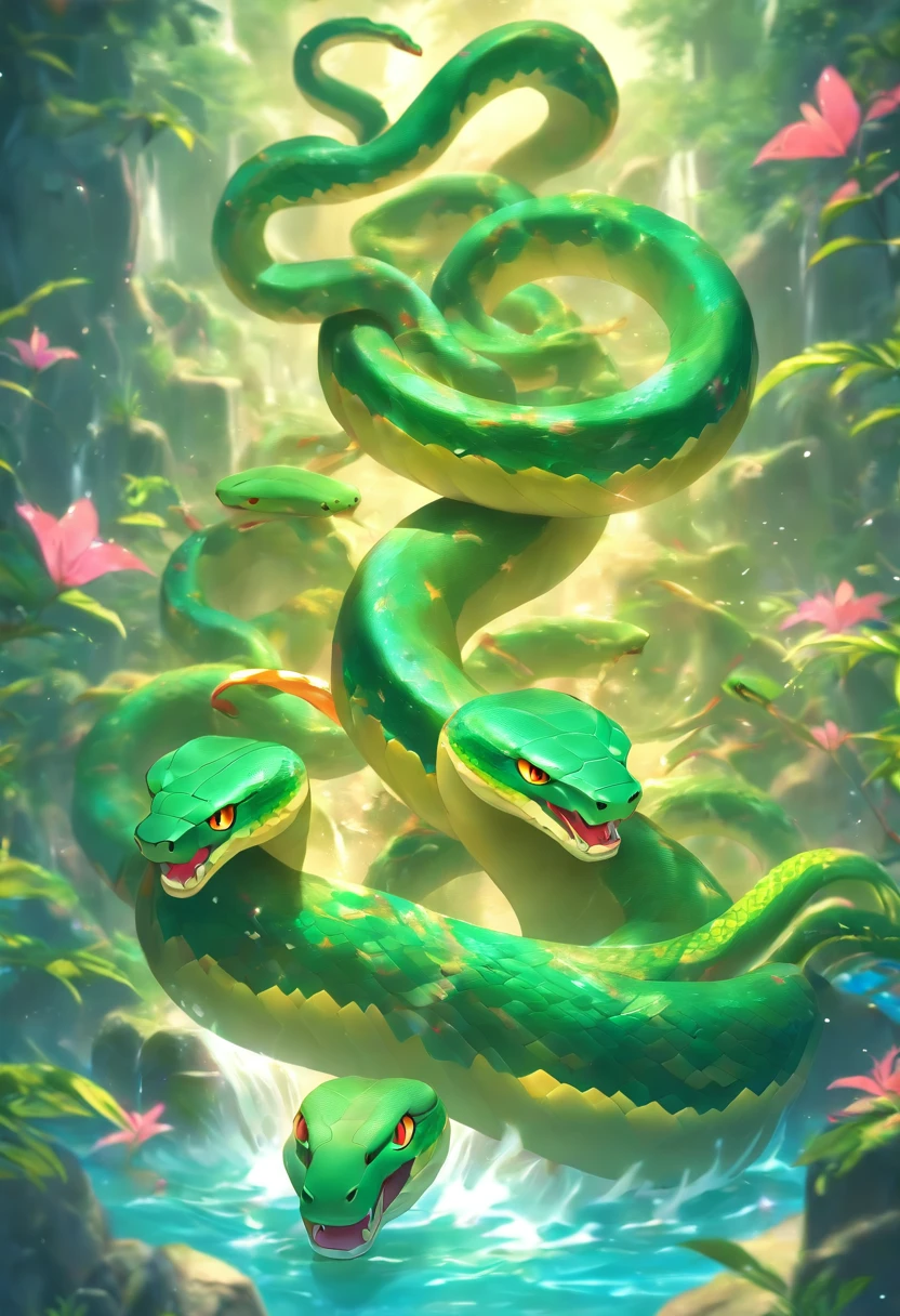 (((Naja snake))) best quality, ultra-high resolution, 4K detailed CG, masterpiece, ,serpent,multiple heads,coming out of the river,river, stream, Hindu mythology, ((coming out of the river) ) Image Hindu, aesthetic, beautiful, screen-centered