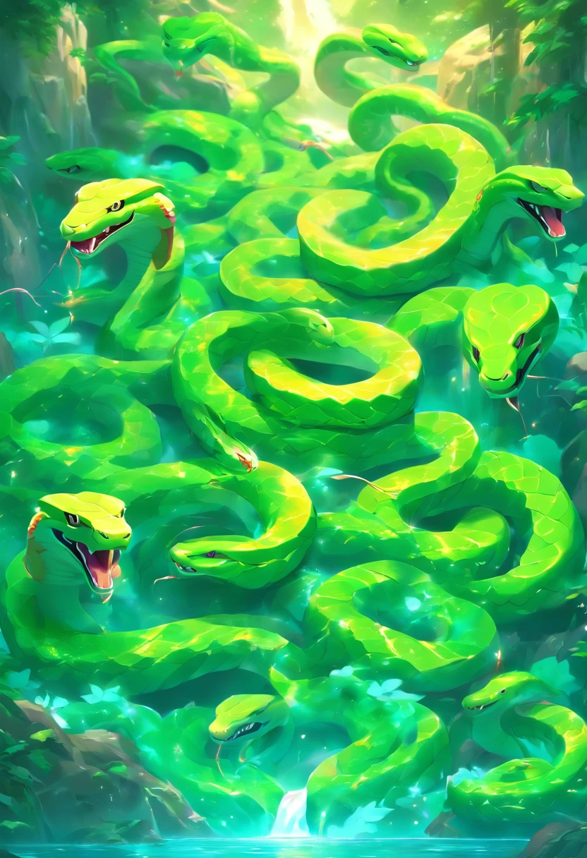 (((Naja snake))) best quality, ultra-high resolution, 4K detailed CG, masterpiece, ,serpent,multiple heads,coming out of the river,river, stream, Hindu mythology, ((coming out of the river) ) Image Hindu, aesthetic, beautiful, screen-centered