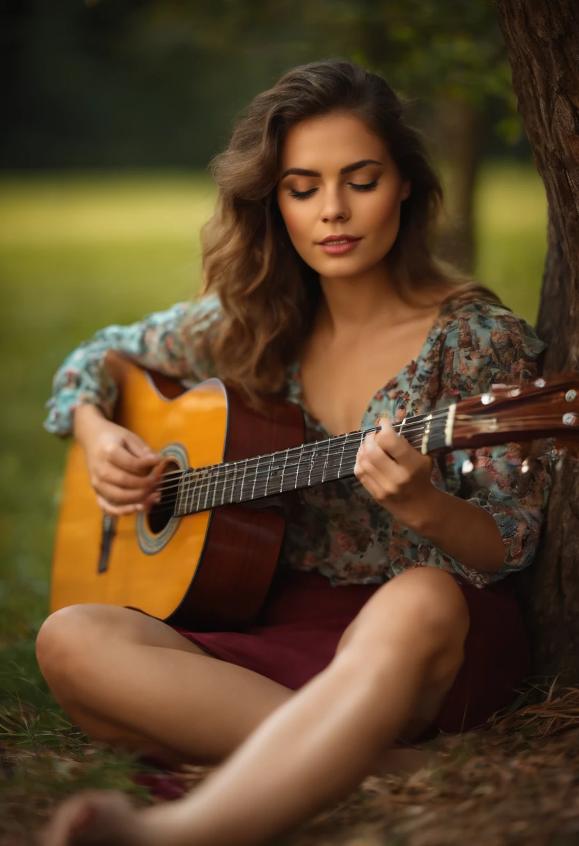 Young Woman sat under tree playing guitar