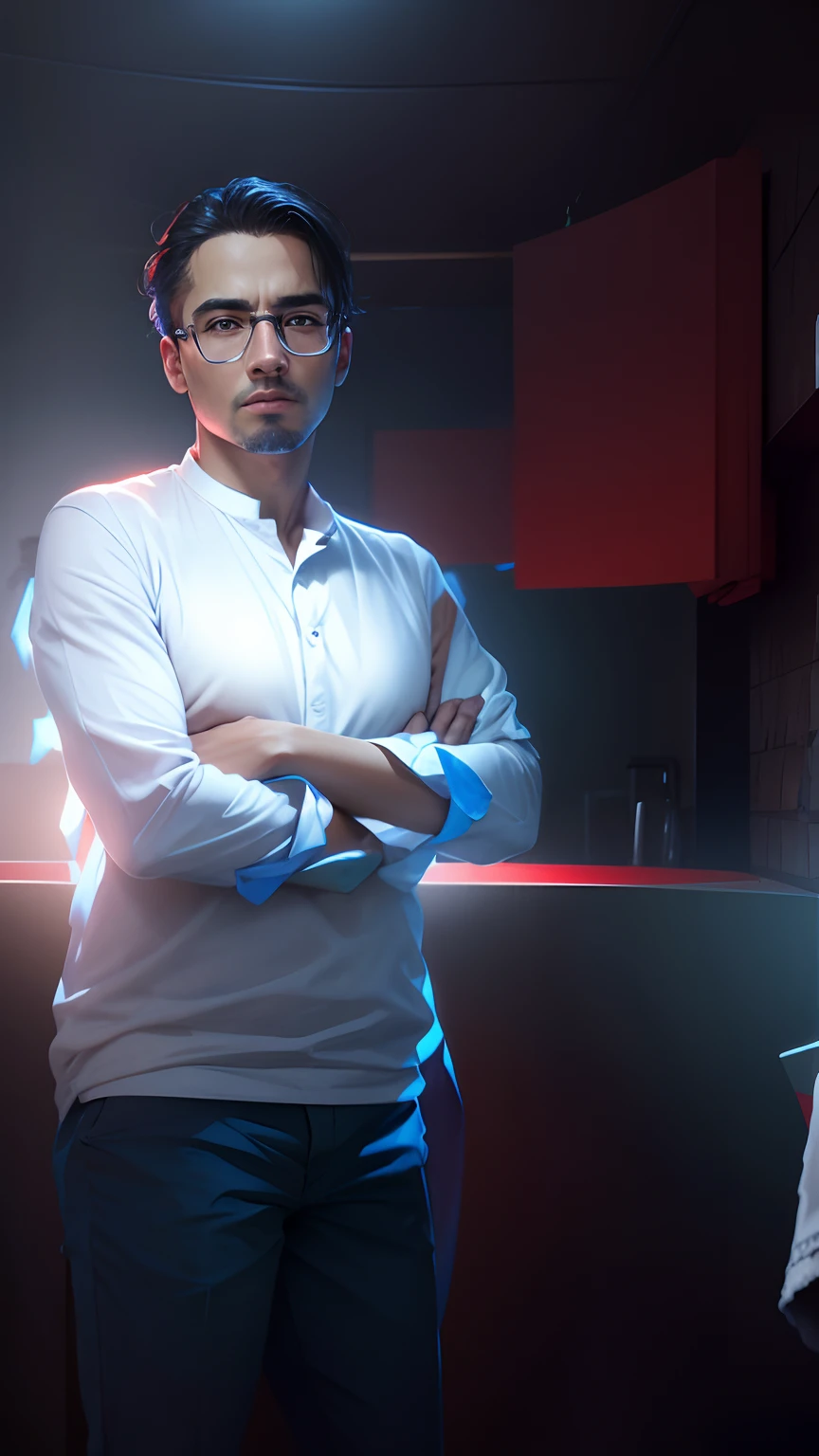 Change background skin tone white and fear studio blue and red lighting effect portrait ultra realistic 4k resolution