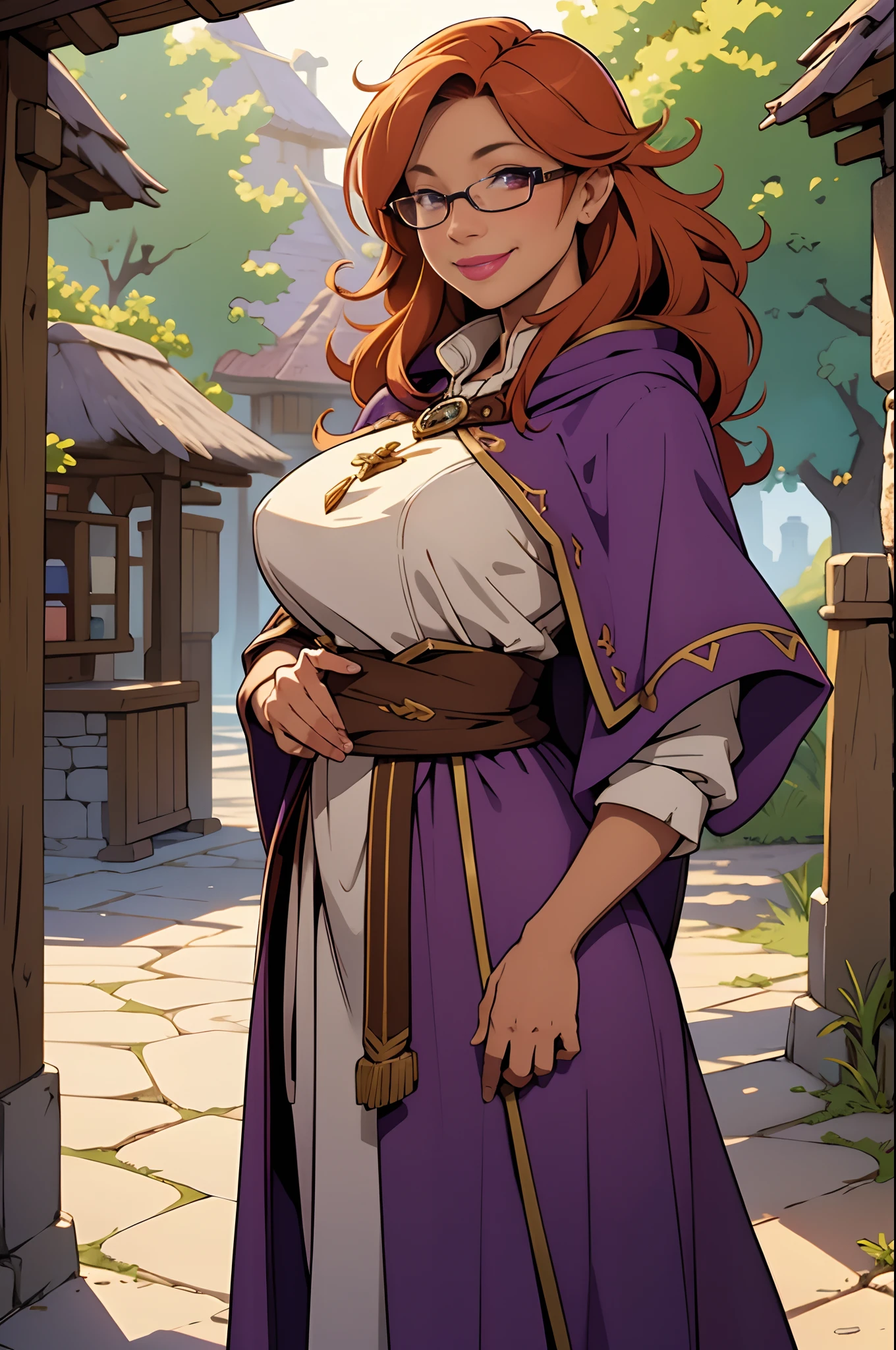 Solo, female, standing, looking at viewer, tan skin, fantasy village, linen tunic, purple cloak, lipstick, big breasts, smiling, cleric, hands behind back, mature female, glasses, ginger hair, messy hair