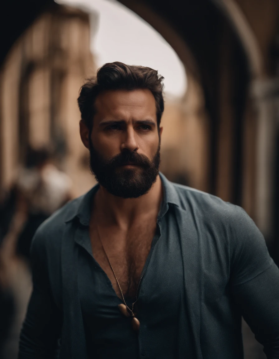 homem com barba, vestido com camiseta social