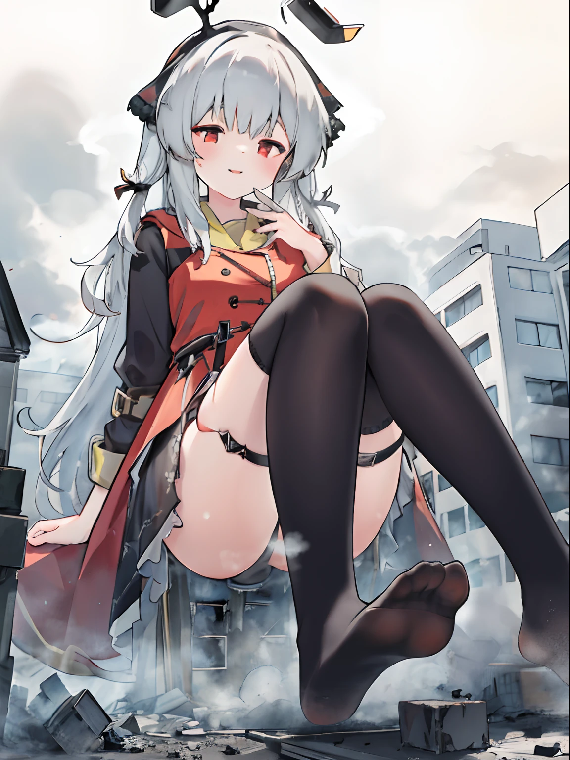 Girl, A giantess,, full bodyesbian, Bigger than the building,No shoes,{Black stockings},A cold expression, Destroyed buildings, Sitting on a destroyed building,GTSCity, As a giantess, Bright pupils, Smile, Naughty face, 16k, High quality, High details, Anatomically correct, Textured skin,The feet emit steam,Fleeing crowds,
