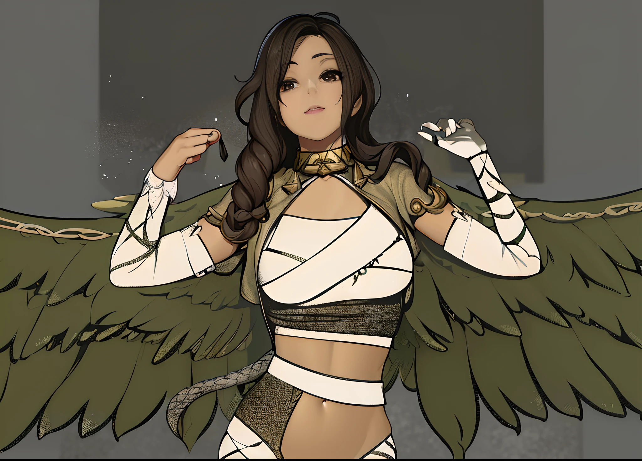 There's a woman with wings on her back, humano alado, as a mystical valkyrie, com faixas como roupas, fan art, alado, novo conceito de figurino, avian warrior