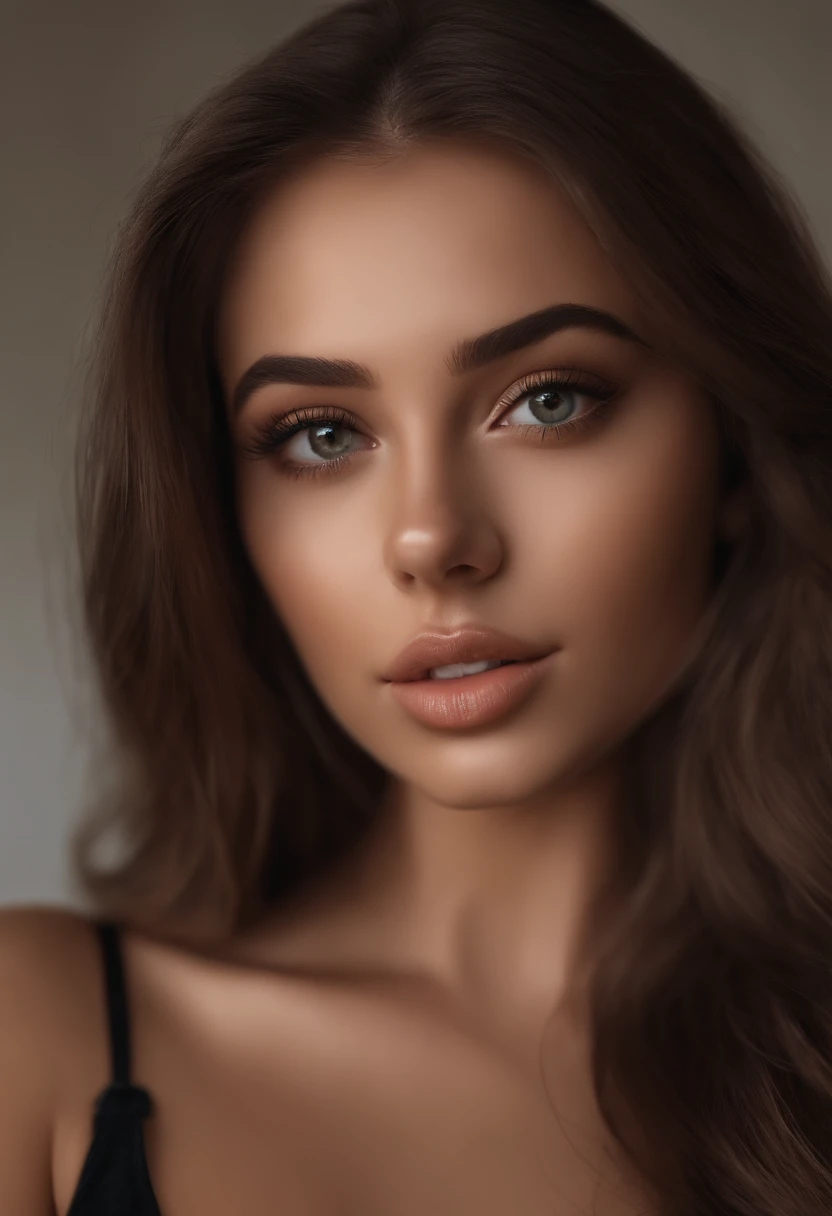arafed woman fully , sexy girl with brown eyes, ultra realistic, meticulously detailed, portrait sophie mudd, brown hair and large eyes, selfie of a young woman, dubai eyes, violet myers, without makeup, natural makeup, looking directly at the camera, face with artgram, subtle makeup, stunning full body shot kneeling on bed, in bedroom, medium to large size bust