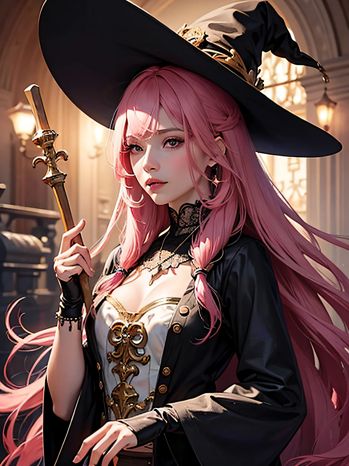 Witch woman with long pink hair and a pointed hat wears black clothes, She is holding a long stick with a red crystal on the spot that emits a red light, a bruxa se encontra na frente de uma casa no estilo medieval no meio de uma floresta kawaii retrato realista, Guweiz, portrait of magical young girl, personagem bonito, Belo estilo de arte, Arte do Personagem Fantastic Story, Retrato bonito, Retrato bonito da mulher,  Arte realista,  a forma mais bonita do caos, elegante, um design brutalista, cores vivas, romantismo
