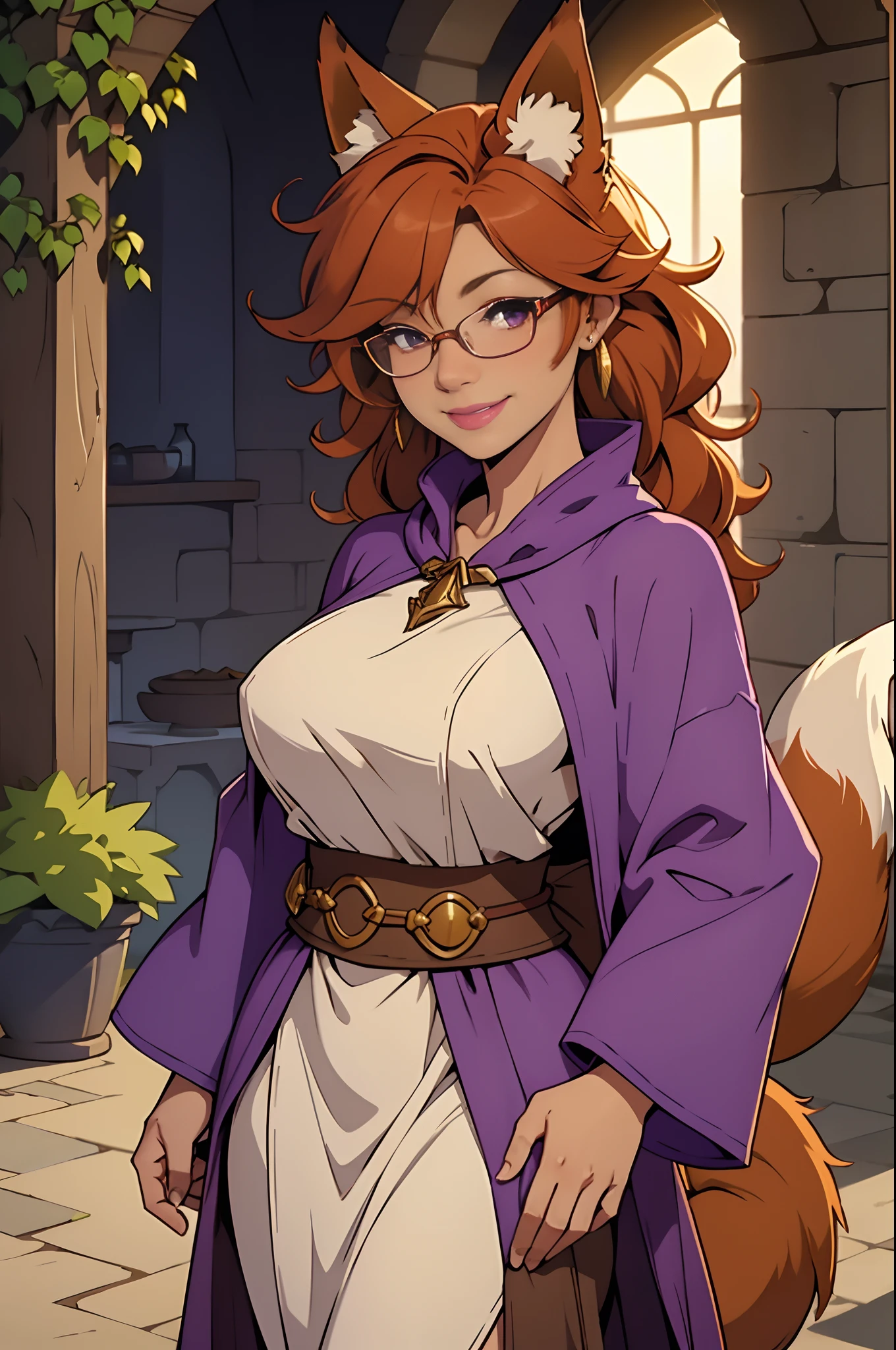 Solo, female, standing, looking at viewer, tan skin, fantasy village, linen tunic, purple cloak, lipstick, big breasts, smiling, cleric, hands behind back, mature female, glasses, ginger hair, messy hair, fox ears, fox tail