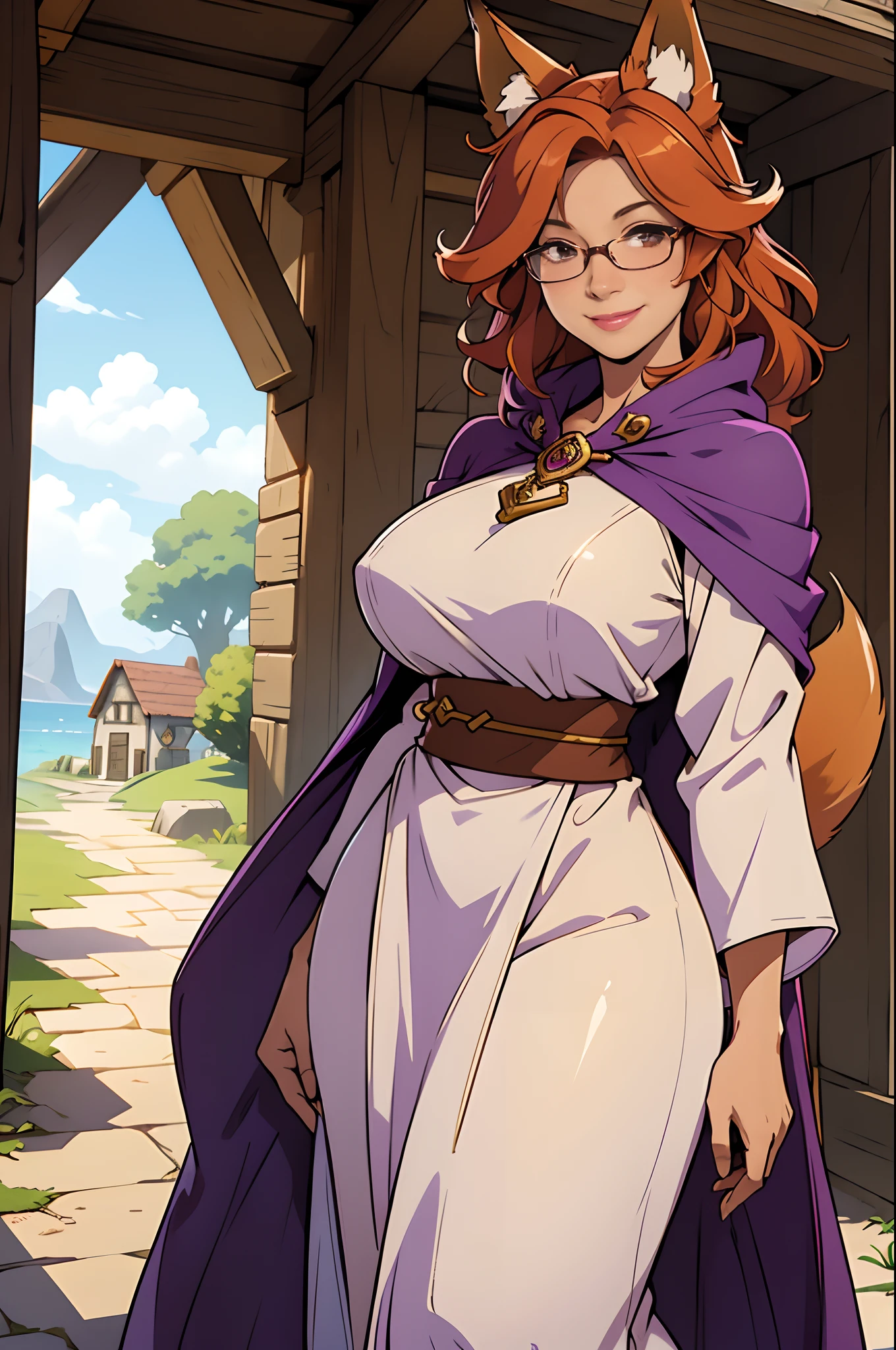 Solo, female, standing, looking at viewer, tan skin, fantasy village, linen tunic, purple cloak, lipstick, big breasts, smiling, cleric, hands behind back, mature female, glasses, ginger hair, messy hair, fox ears, fox tail