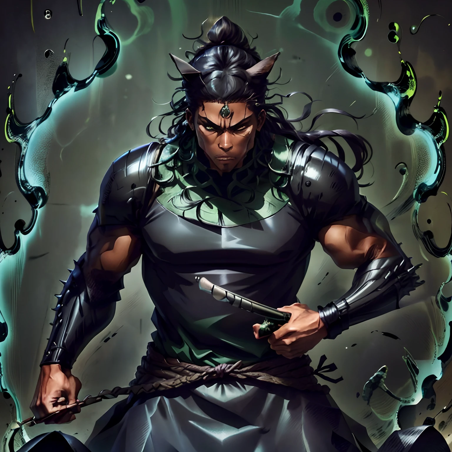 (Black spikey long hair), (dark skinned male), (muscular), (cat ears), (green eyes), (black samurai armor), (long hair), (spikey hair)