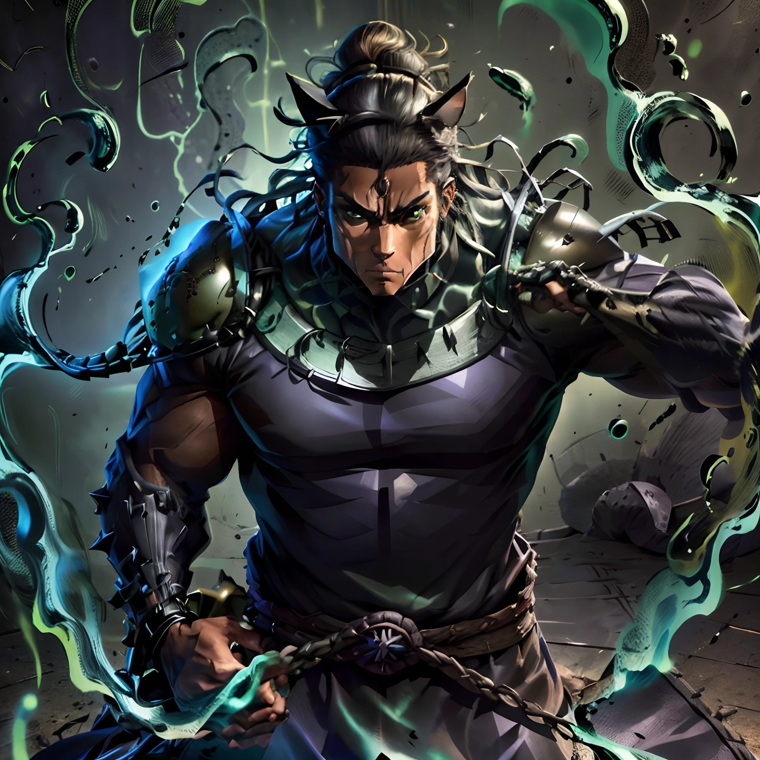 (Black spikey long hair), (dark skinned male), (muscular), (cat ears), (green eyes), (black samurai armor), (long hair), (spikey hair)