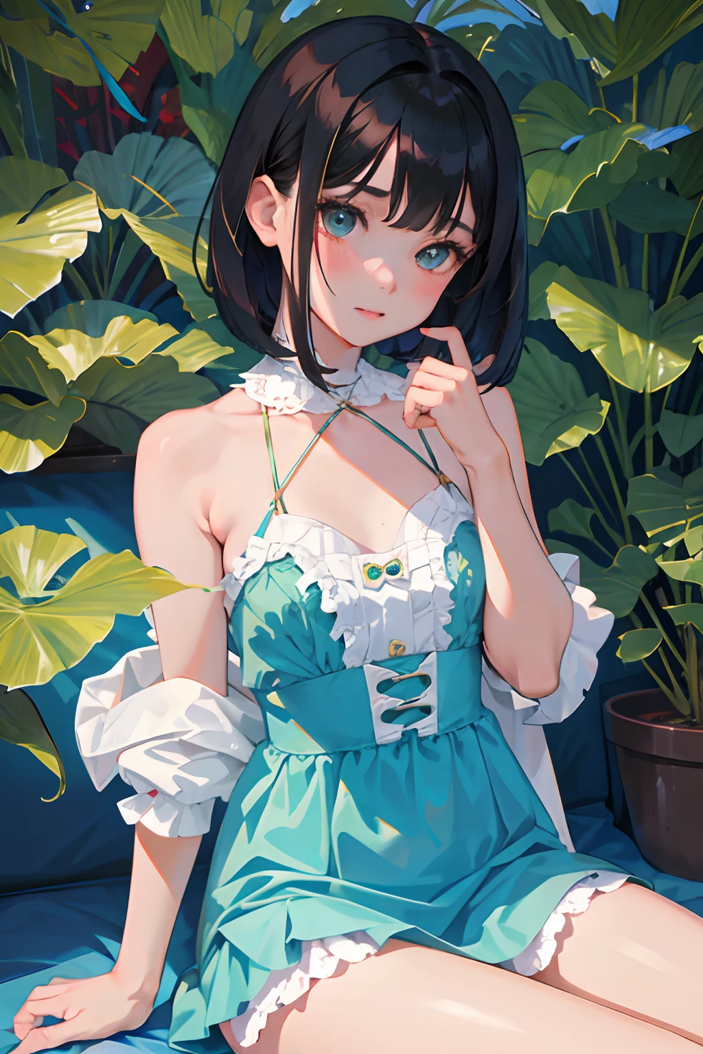(masterpiece,Highest Quality),(child),a miniskirt,Turquoise Lolita Clothing,(A dark-haired,Medium bob),embarrassed from,Delicate body,petite body,Shoulder