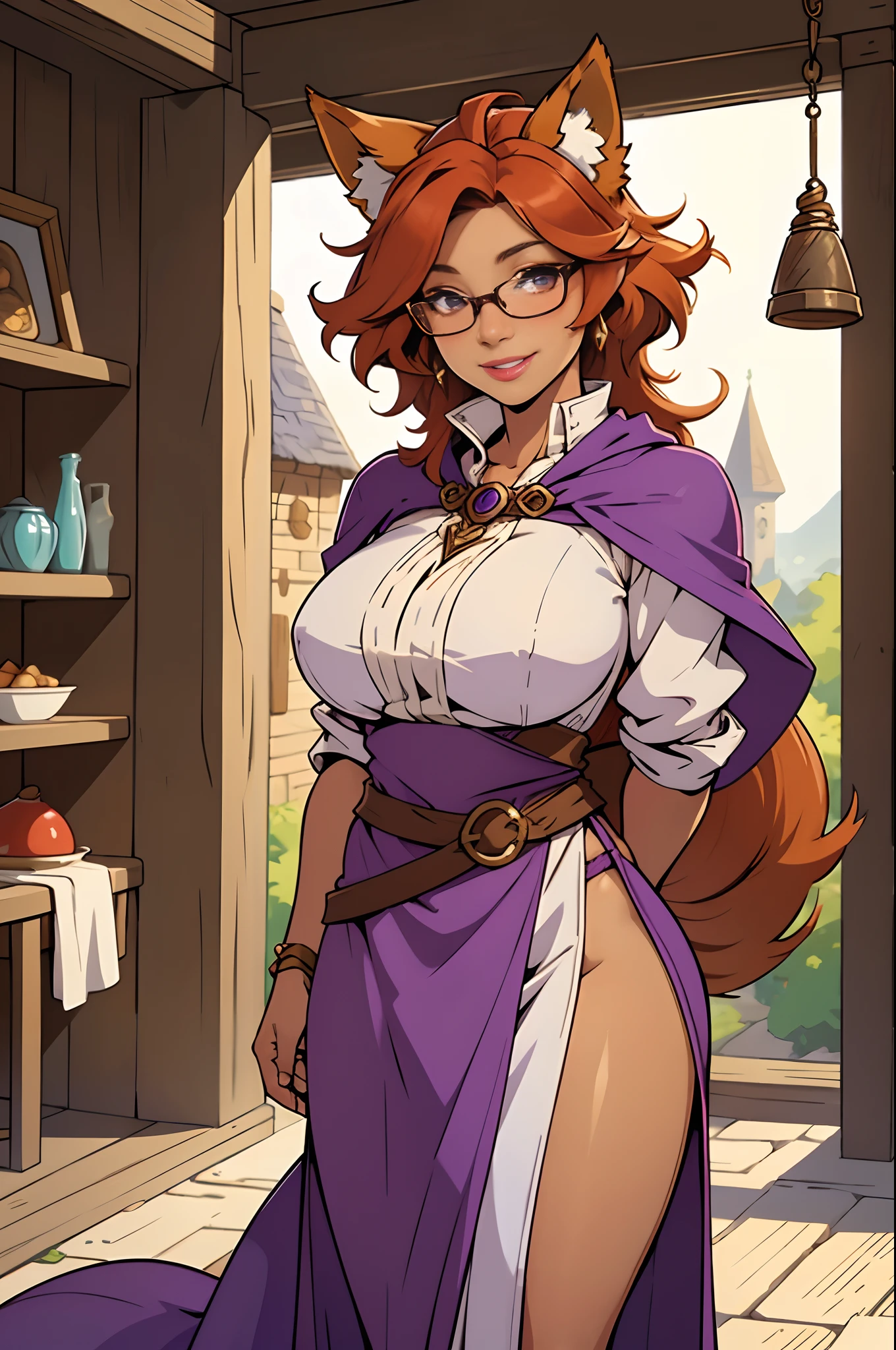 Solo, female, standing, looking at viewer, tan skin, fantasy village, linen tunic, purple cloak, lipstick, big breasts, smiling, cleric, hands behind back, mature female, glasses, ginger hair, messy hair, fox ears, fox tail