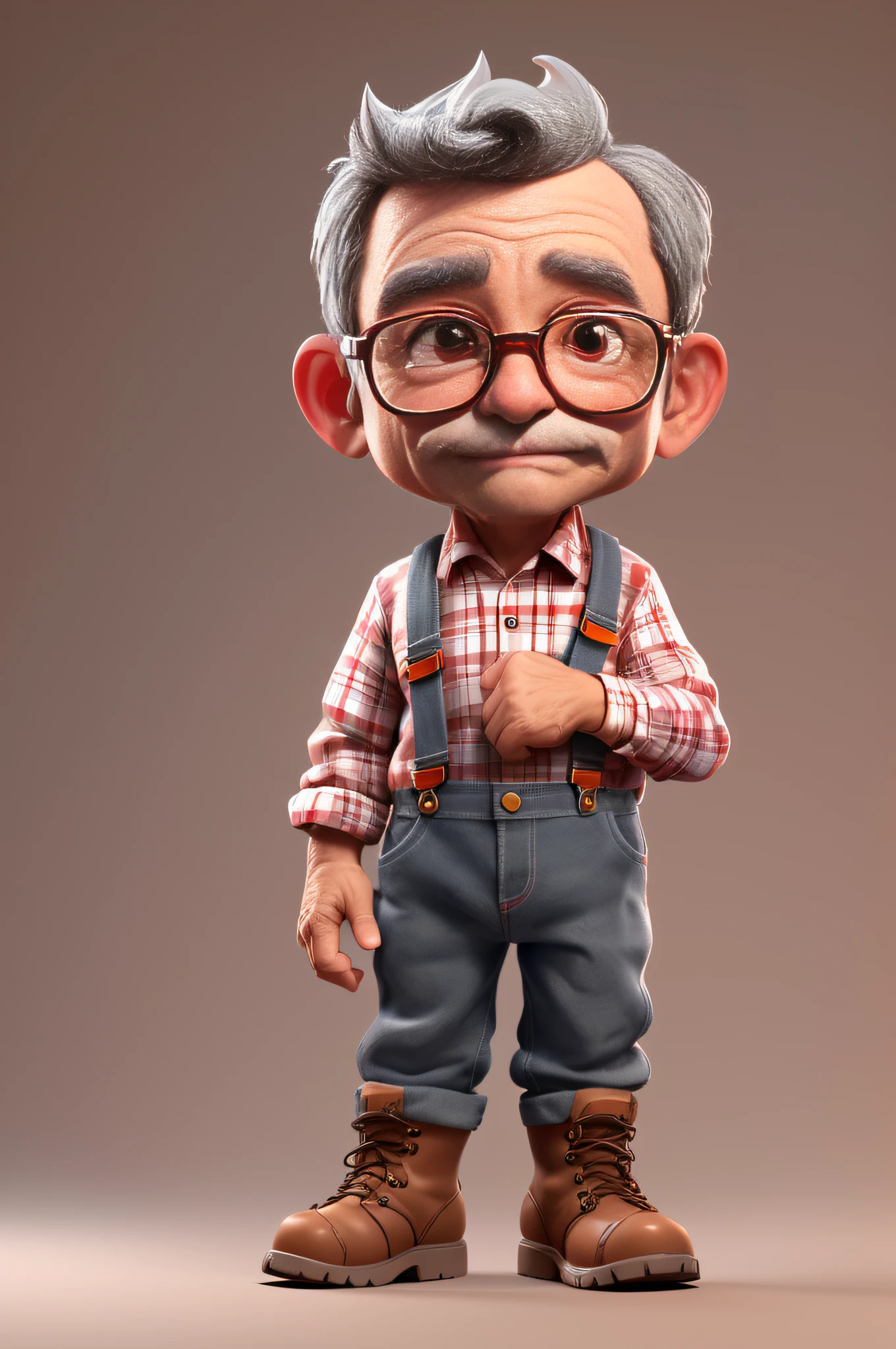 3dcharacter,(1man, wrinkled face, old  male:1.2),   __eyecolor__ eyes, dark grey__hair-male__, glasses, (full body:1.2),plaid shirt, overalls, brown work boots, simple background, masterpiece,best quality,(light Red gradient background:1.1)