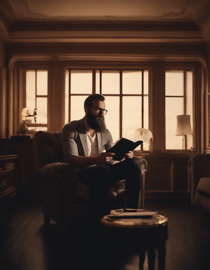 man with beard, dressed in formal t-shirt and slacks, sitting in a chair in the middle of the room reading his emails, 4K, screenprint, dapple macaroni, in style of barlowe, mignola inspirador, octane rendered --ar 5:7 --uplight