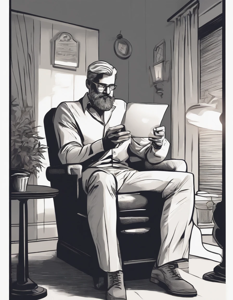 man with beard, dressed in formal t-shirt and slacks, sitting in a chair in the middle of the room reading his emails, 4K, screenprint, dapple macaroni, in style of barlowe, mignola inspirador, octane rendered --ar 5:7 --uplight