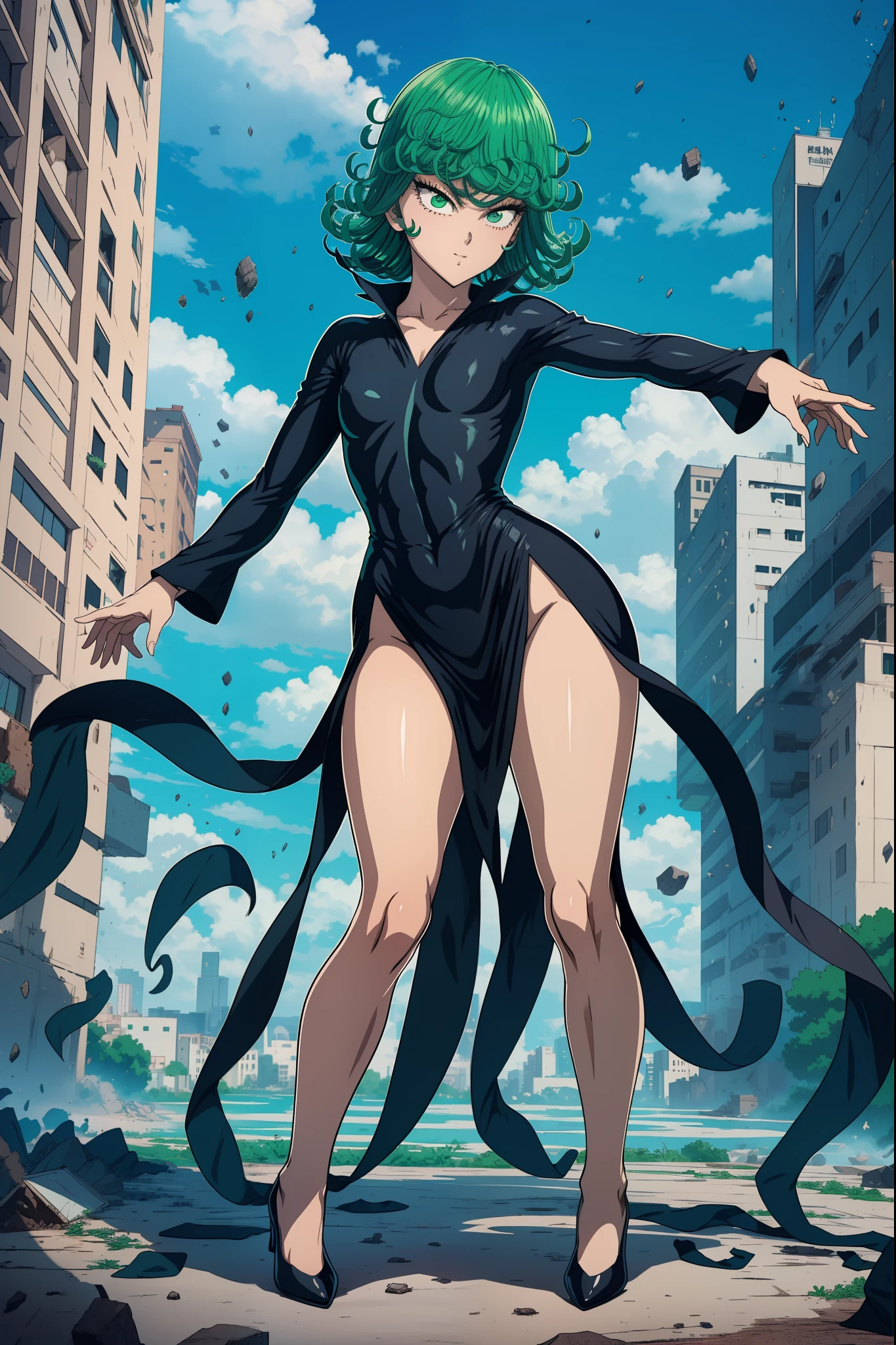 Tatsumaki from one punch man, short green hair, green eyes, Small chest, wearing fitting V-neck black dress, heels, full body view, smiling, standing in a destroyed city, dynamic pose, dynamic view,