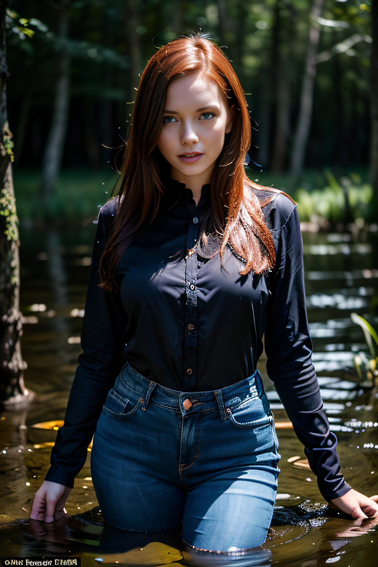 (Hyperrealistic photo, Ultra Detailed, Raw, tmasterpiece, Dynamic frame), Strange photo, the night,Forest swamp.(Darkness around.Flash-only lighting when taking photos:1.4).The woman, Tormented by lust, recklessly (drowning in a swamp:1.2). In the middle of a muddy swamp, satisfies his fetish, Jeans, Tight blouse. redhead hair