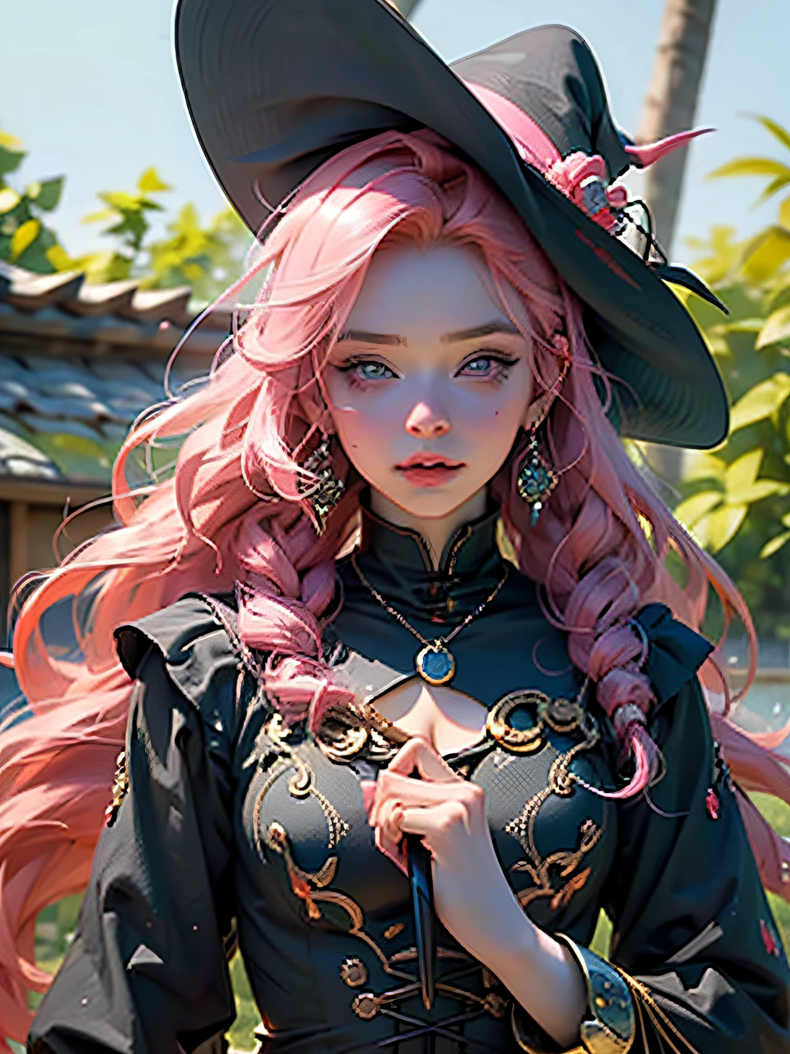 Witch woman with long pink hair and a pointed hat wears black clothes, She is holding a long stick with a red crystal on the spot that emits a red light, a bruxa se encontra na frente de uma casa no estilo medieval no meio de uma floresta kawaii retrato realista, Guweiz, portrait of magical young girl, personagem bonito, Belo estilo de arte, Arte do Personagem Fantastic Story, Retrato bonito, Retrato bonito da mulher, Arte realista, a forma mais bonita do caos, elegante, um design brutalista, cores vivas, romantismo