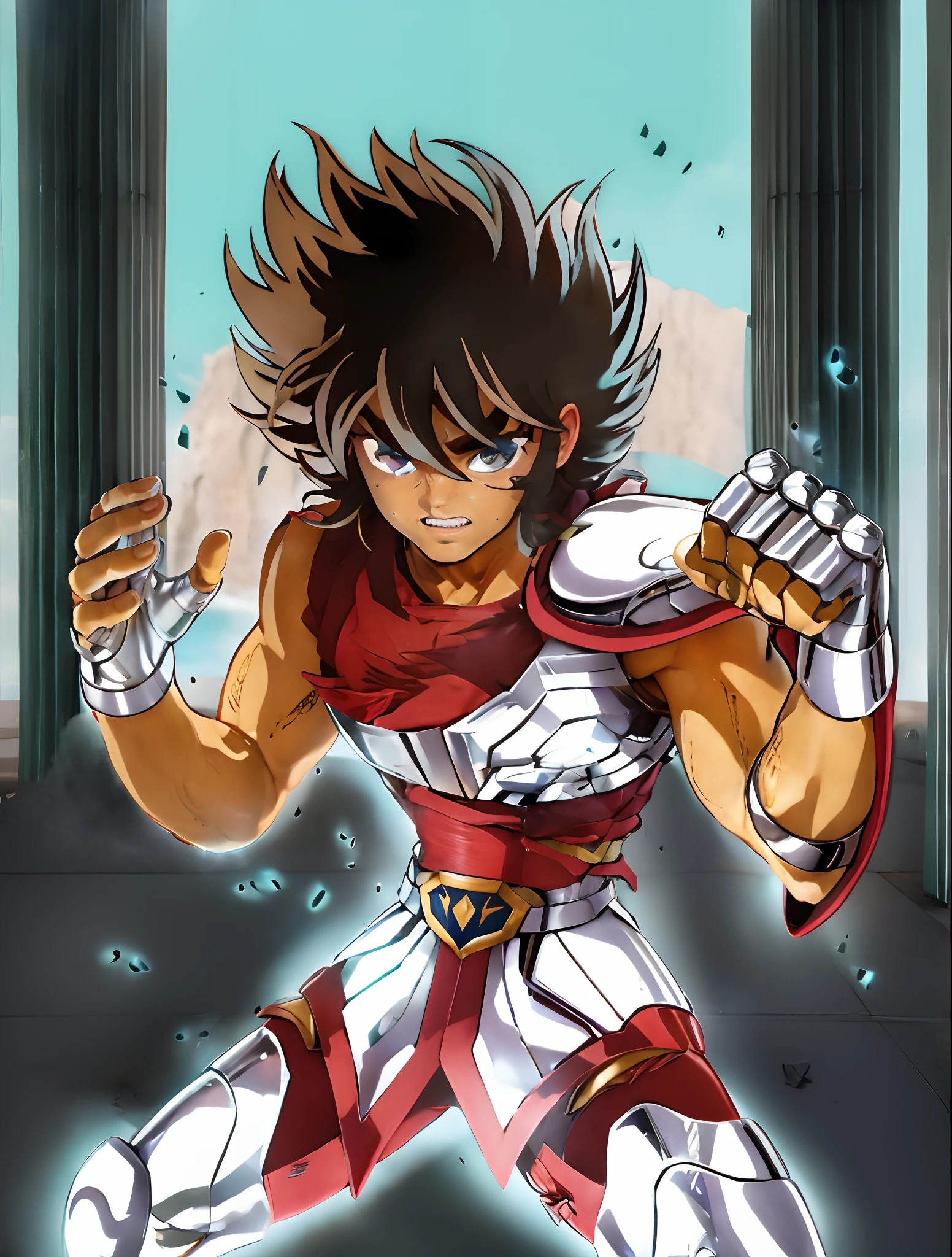 uma imagem real de um jovem adolescente com uma roupa vermelha e branca, Saint Seiya, unreal motor render Sao Seiya, Arte Oficial, joseph joestar, Arte da sede, Deu, arte chave do anime, arte oficial do anime, An epic film by a man of energy, Akira Toriyama, Obra-prima do anime, Deus grego no estilo mecha, Parte Brando, capa de filme, efeitos visuais de tirar o folego, aura azul, extremamente detalhado, 8k. Unreal engine 5