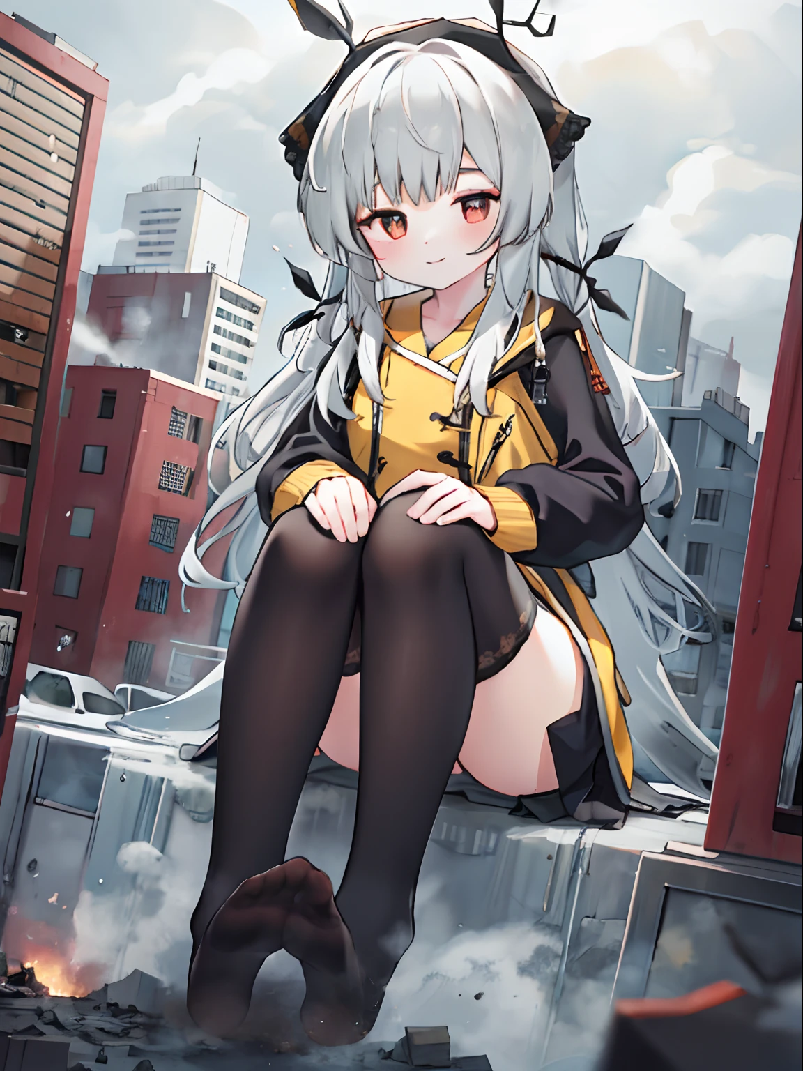 Girl, A giantess，City of Miniature，, full bodyesbian, Bigger than the building,No shoes，{Black stockings}，A cold expression， Destroyed buildings, Sit in the city，GTSCity, As a giantess, Bright pupils, Smile, Naughty face, 16k, High quality, High details, Anatomically correct, Textured skin，The feet emit steam，Fleeing crowds，