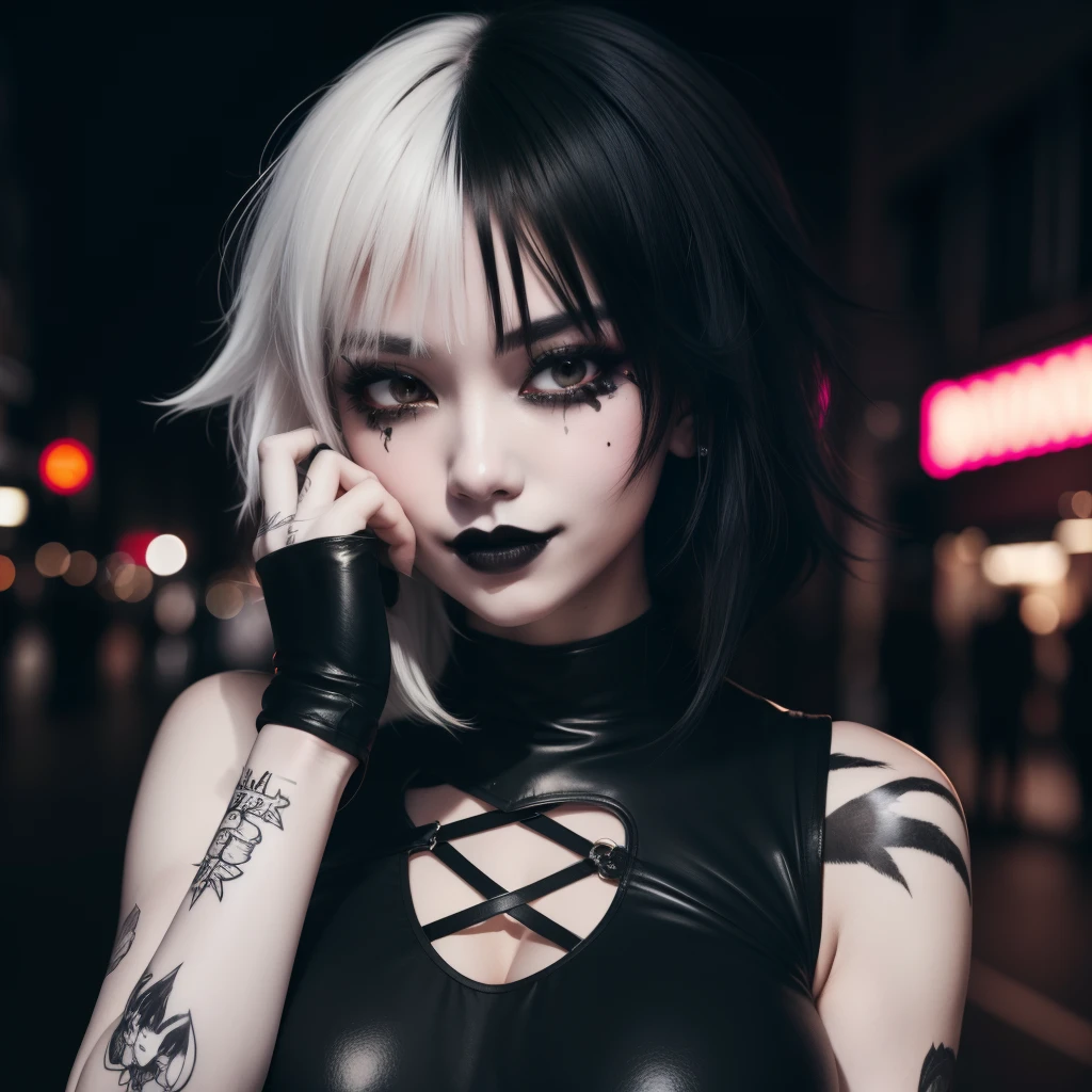 masterpiece, best quality, highly detailed,1girl, covering mouth with hand, emo hairstyle, shy smile, messy hair, big breasts, adult, split-color hair, black and white hair, eye shadow, black lipstick, street at night, neon lighting