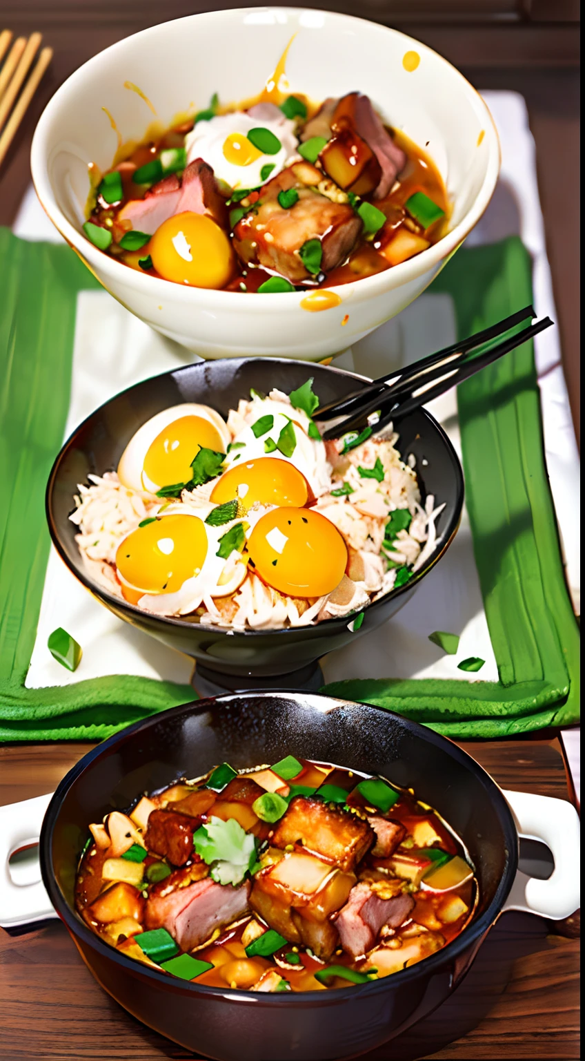 (A bowl of fried rice with golden eggs,Yellow gold,Cantonese roast pork:1.4,green color, Peking duck:1.3,Goulash stew:1.2,The color is bright，Tempting appetite，Exquisite plating，Fragrant taste,Folk snacks)，Plus production methods